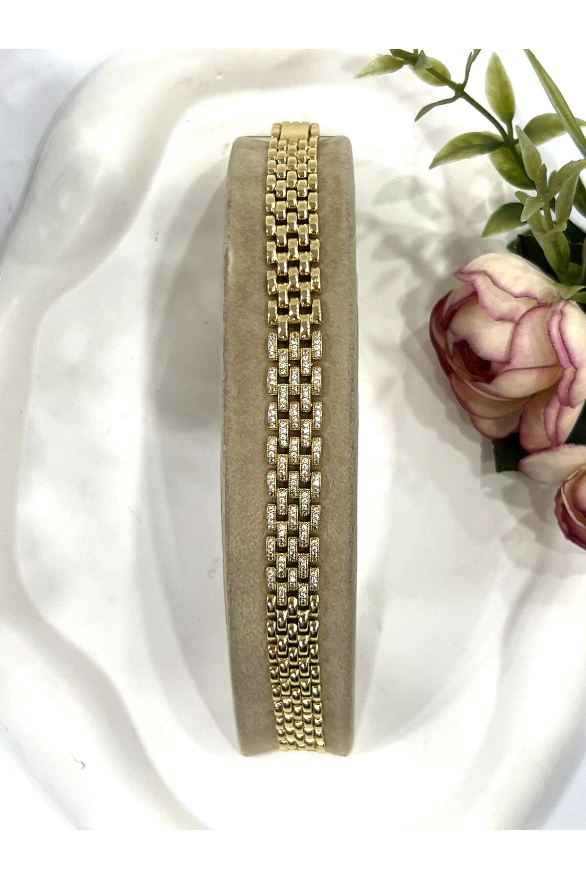 Özel Seri Zirkon Taşlı Gold Hasır Çelik Bileklik (14k-16/18cm) - Görsel 4