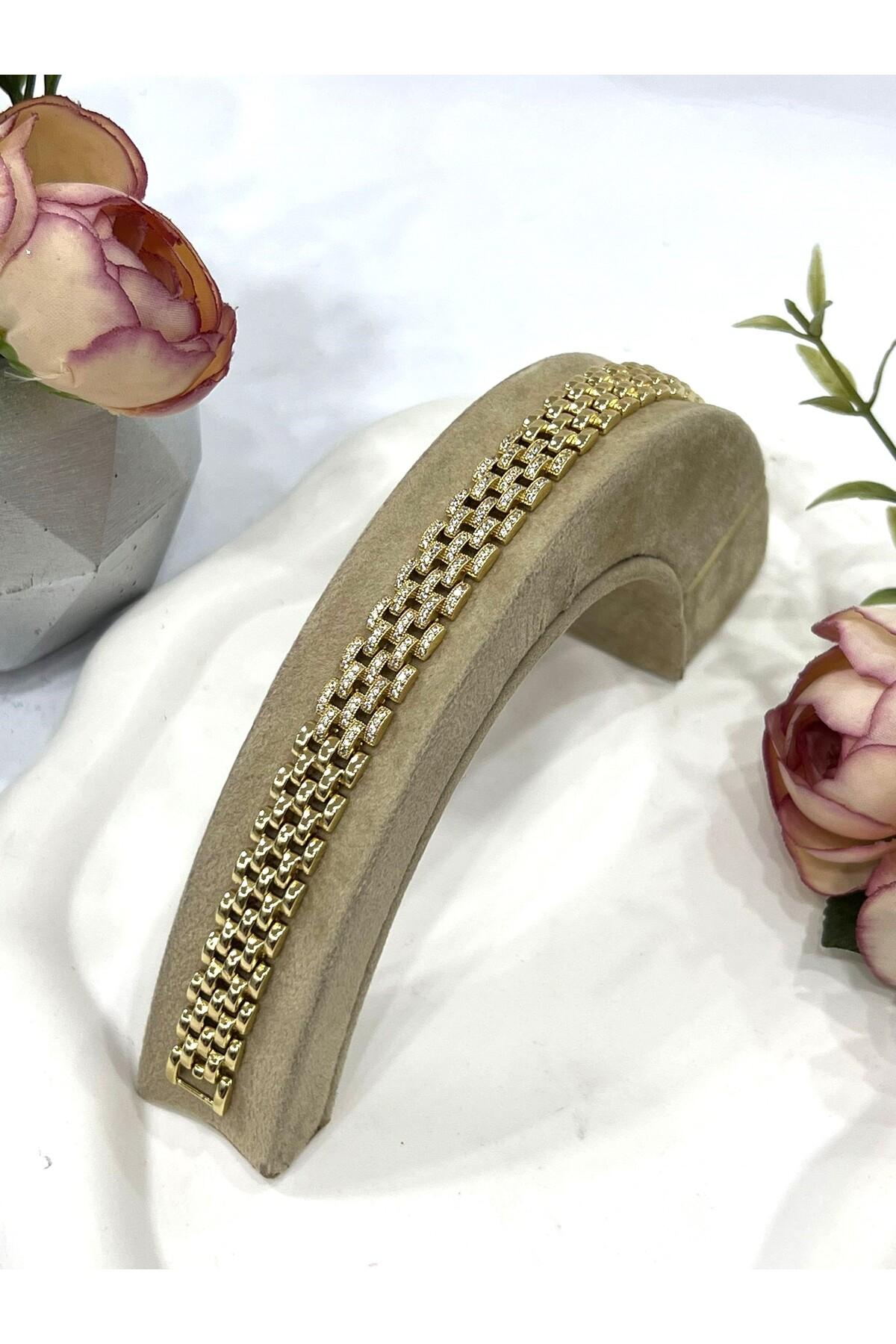 Özel Seri Zirkon Taşlı Gold Hasır Çelik Bileklik (14k-16/18cm) - Görsel 3