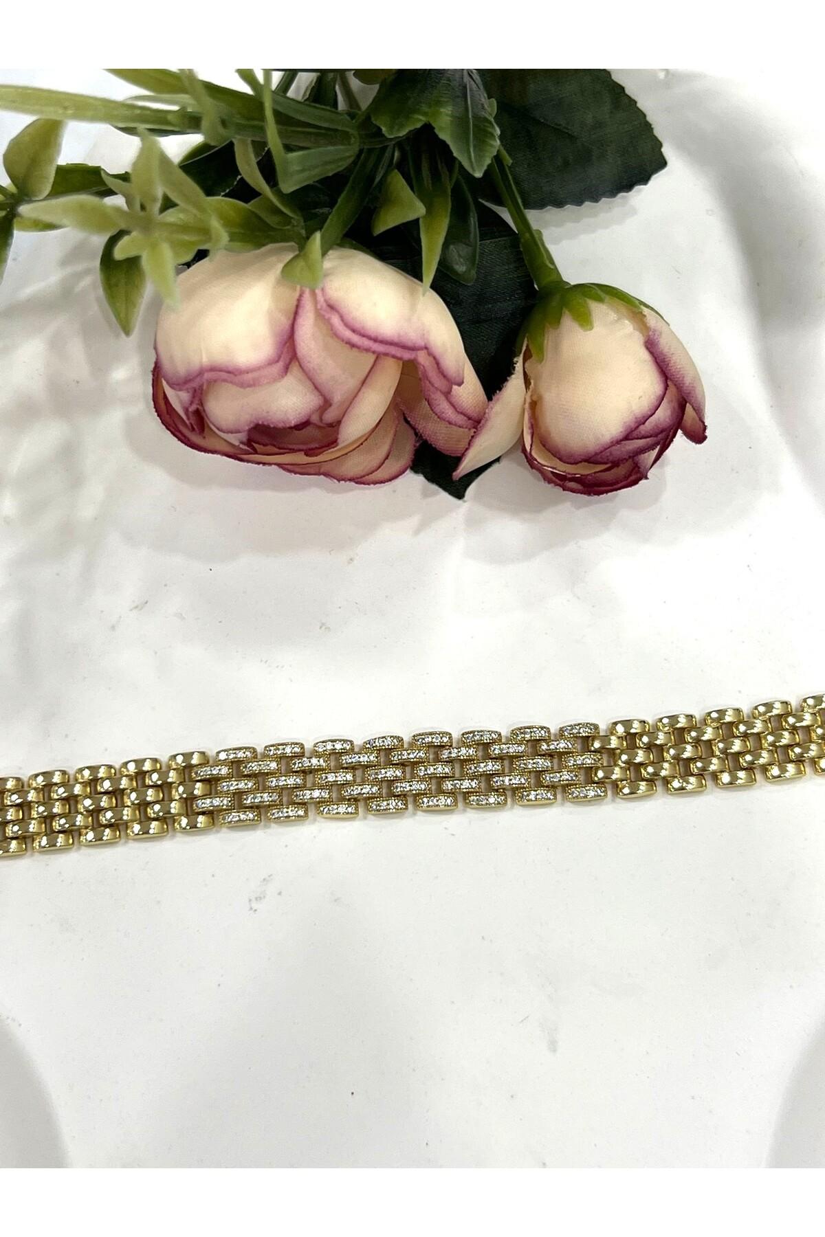 Özel Seri Zirkon Taşlı Gold Hasır Çelik Bileklik (14k-16/18cm) - Görsel 2