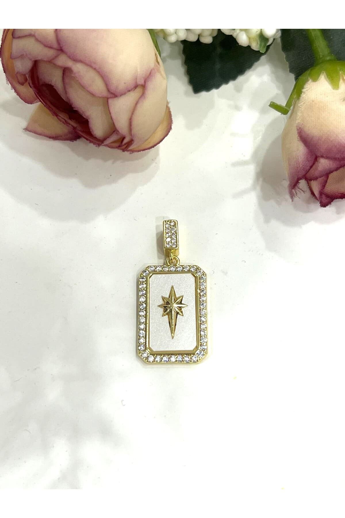 Beyaz Sedefli Kutup Yıldızı Kolye Ucu (14k Gold 1,5x2,2cm) - Görsel 4