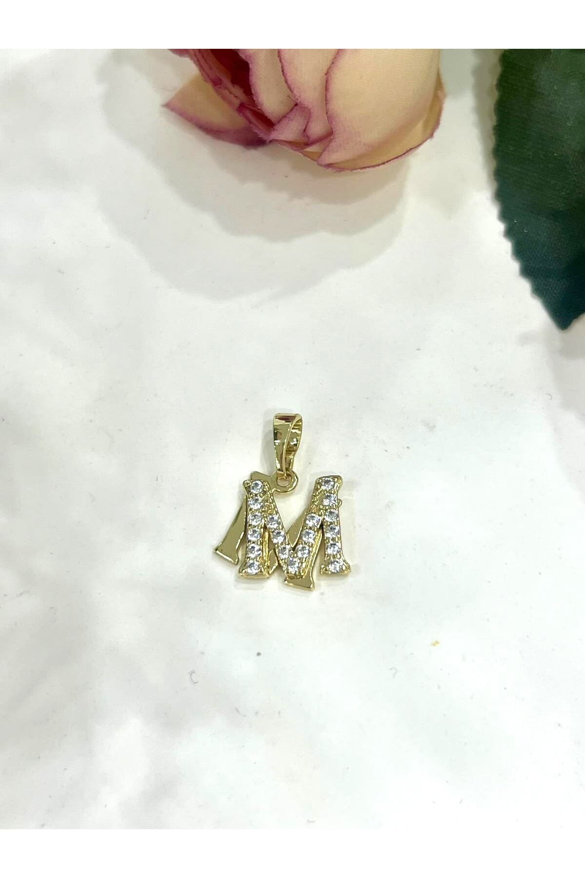 Zirkon Taşlı Harf M Kolye Ucu (14k Gold 1x1cm) - Görsel 2