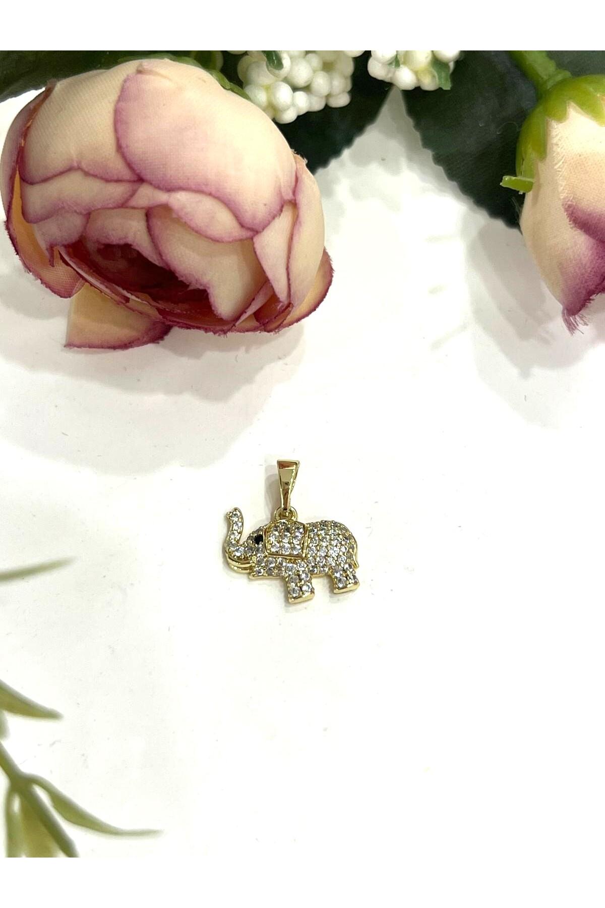 Zirkon Taş Fil Figürlü Özel Tasarım Kolye Ucu (14k Gold 1,5x1,6cm) - Görsel 3