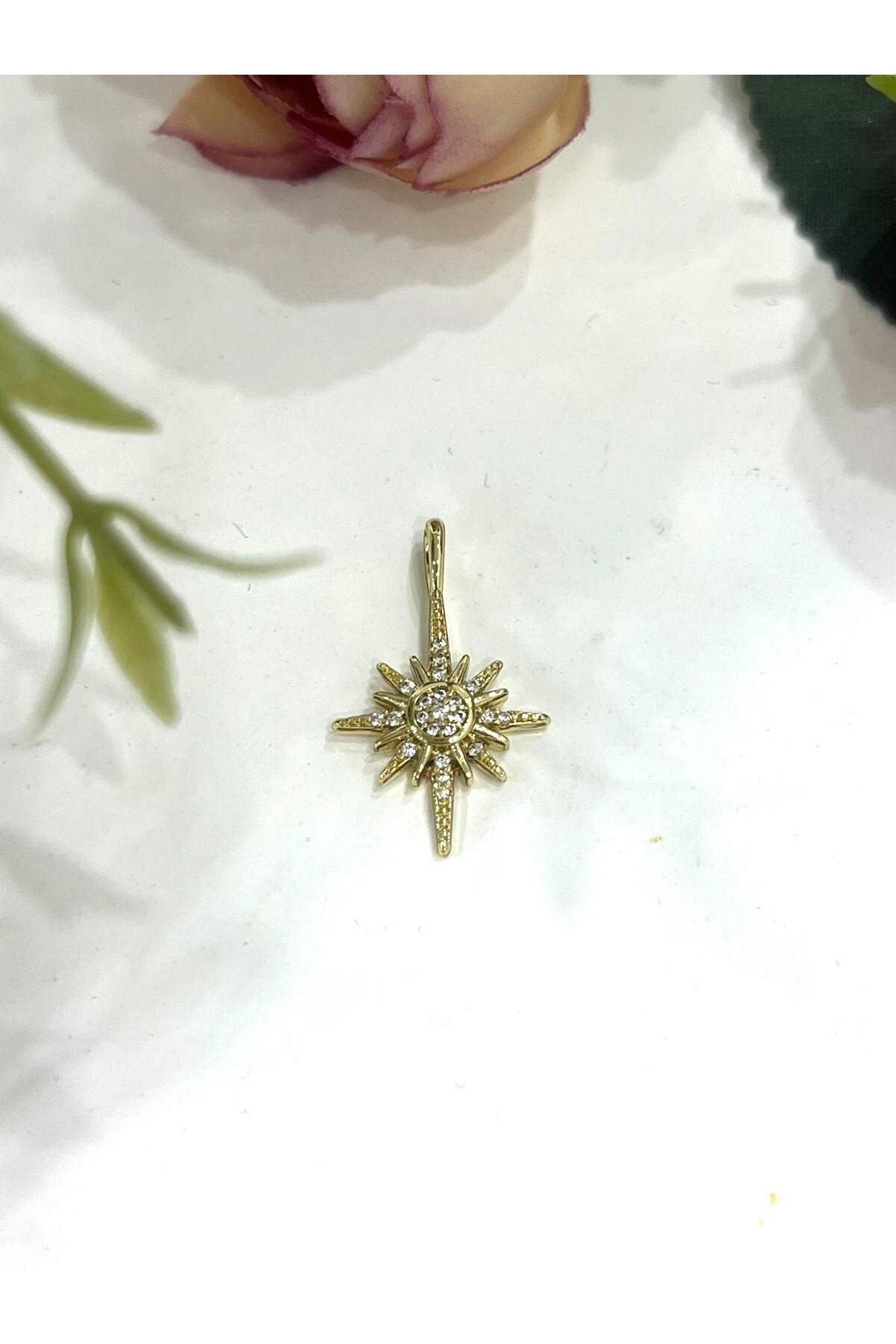 Ortası Taşlı Kutup Yıldız Altın Kolye Ucu (14k Gold 1,5x2cm) - Görsel 2