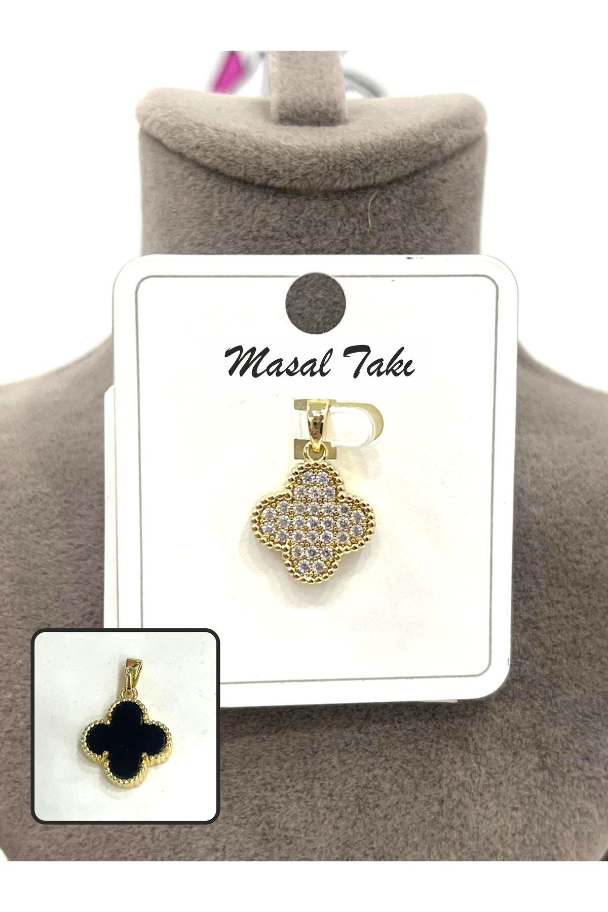Siyah Yonca Çift Renkli Kolye Ucu (14k Gold 1,5x21,5cm)