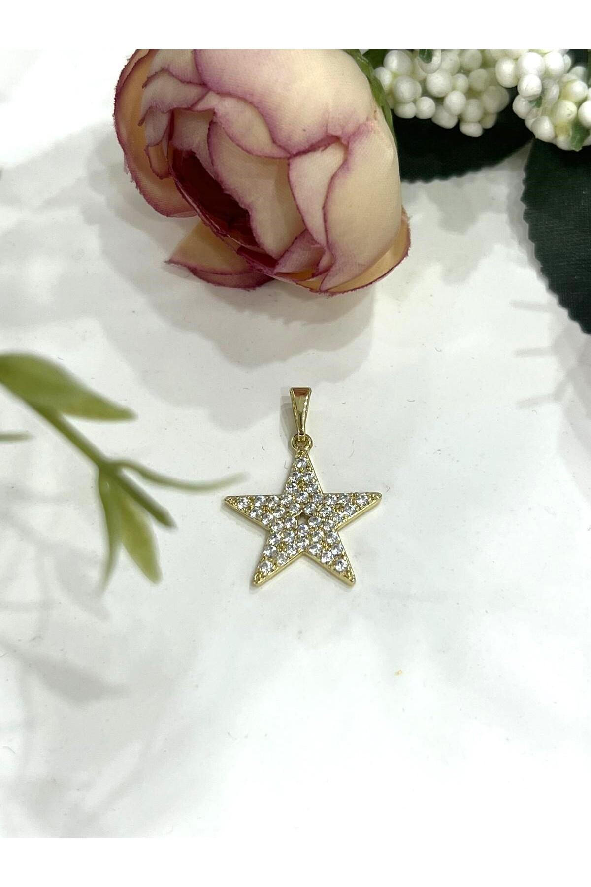 Ortası Taşlı Yıldız Altın Kolye Ucu (14k Gold 2x2cm) - Görsel 3