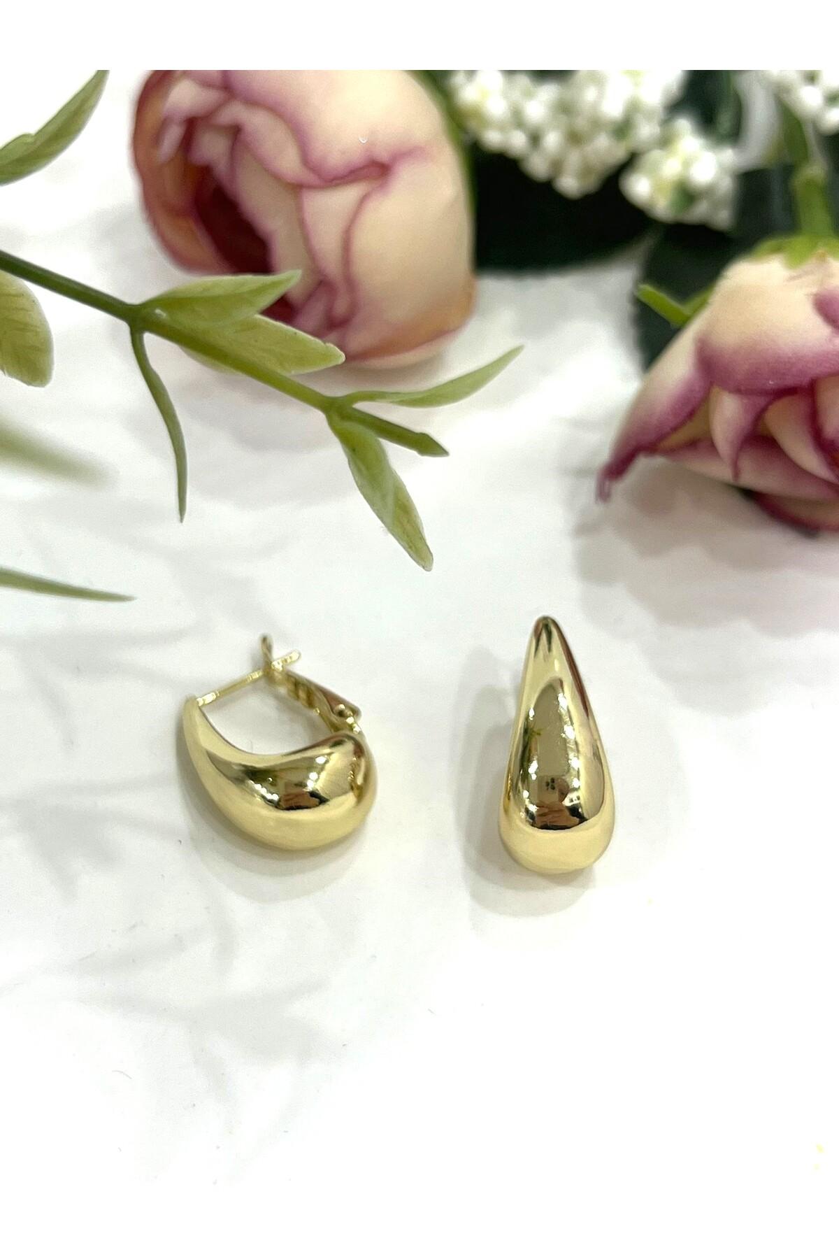 Gözyaşı Damlası Altın Orta Boy Küpe (14K GOLD/1X2CM) - Görsel 2