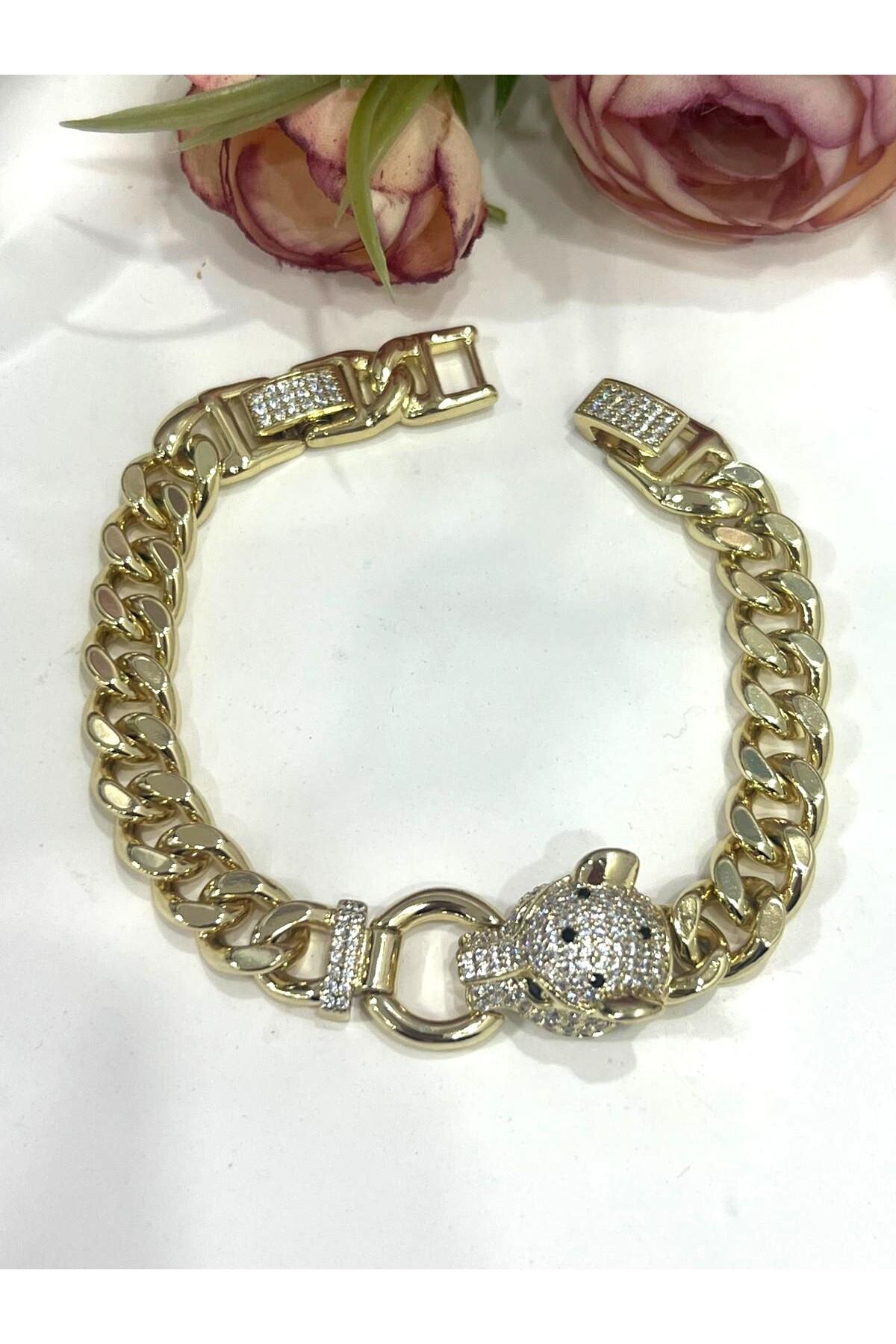 Pırlanta İşçilikli Gömme Taşlı Tasarım Bileklik (14K Gold/17-20cm) - Görsel 2