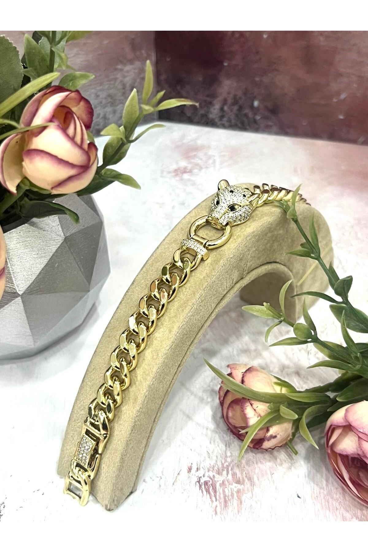 Pırlanta İşçilikli Gömme Taşlı Tasarım Bileklik (14K Gold/17-20cm)