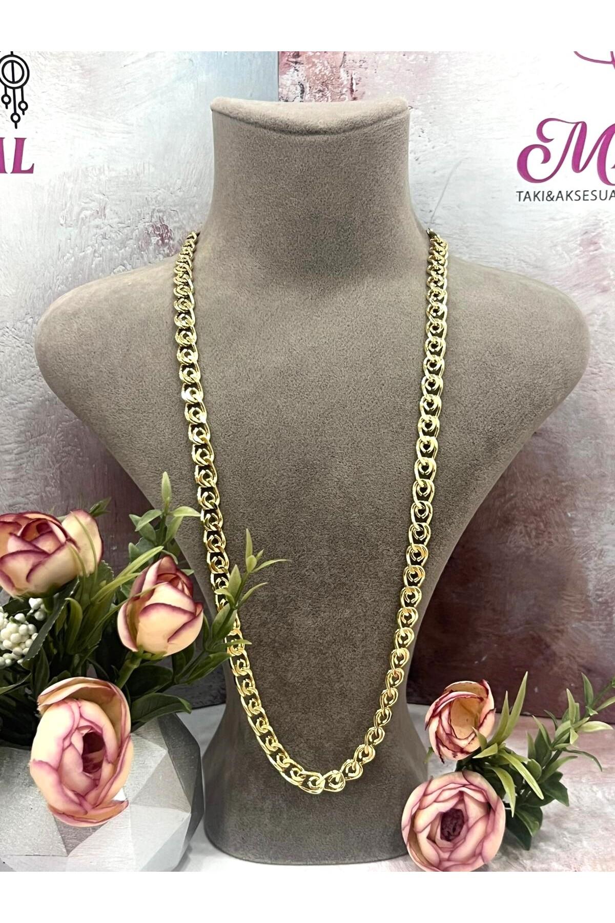 Birbirine Geçme Çok Sayıda Halkadan Oluşan Kalın Zincir Çelik Kolye (14k Gold - 60cm) - Görsel 3