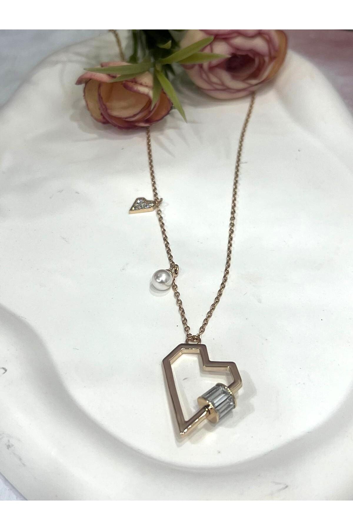 XUPING Heart Trio Mini Zirkon Taşlı Çelik Kolye (18k RoseGold 45/49cm) 3x2,5cm - Görsel 2