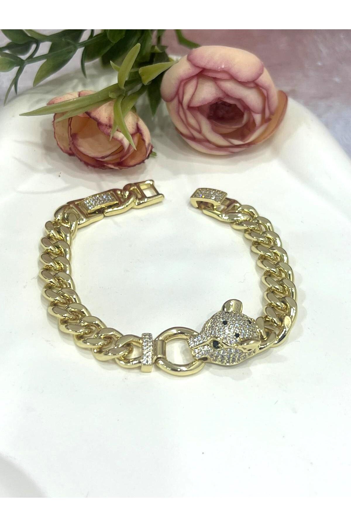 Pırlanta İşçilikli Gömme Taşlı Tasarım Bileklik (14K Gold/17-20cm) - Görsel 4