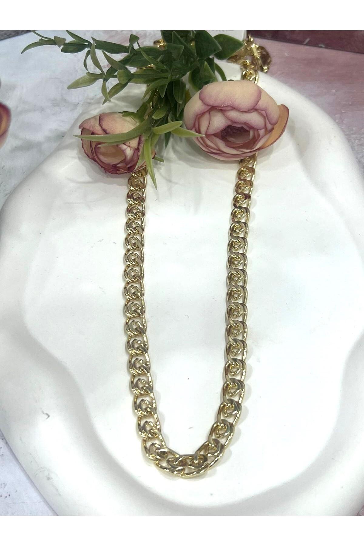 Birbirine Geçme Çok Sayıda Halkadan Oluşan Kalın Zincir Çelik Kolye (14k Gold - 60cm) - Görsel 4