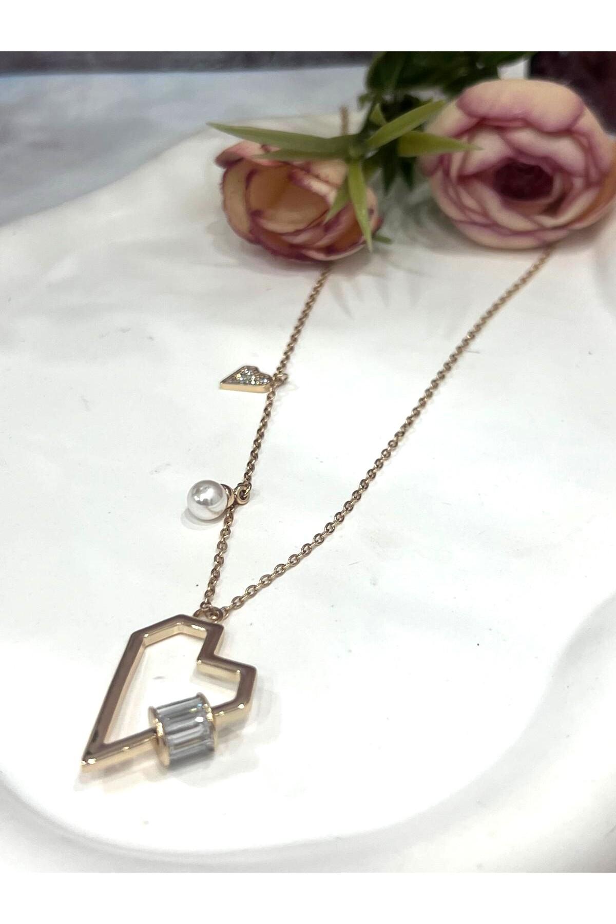 XUPING Heart Trio Mini Zirkon Taşlı Çelik Kolye (18k RoseGold 45/49cm) 3x2,5cm - Görsel 4