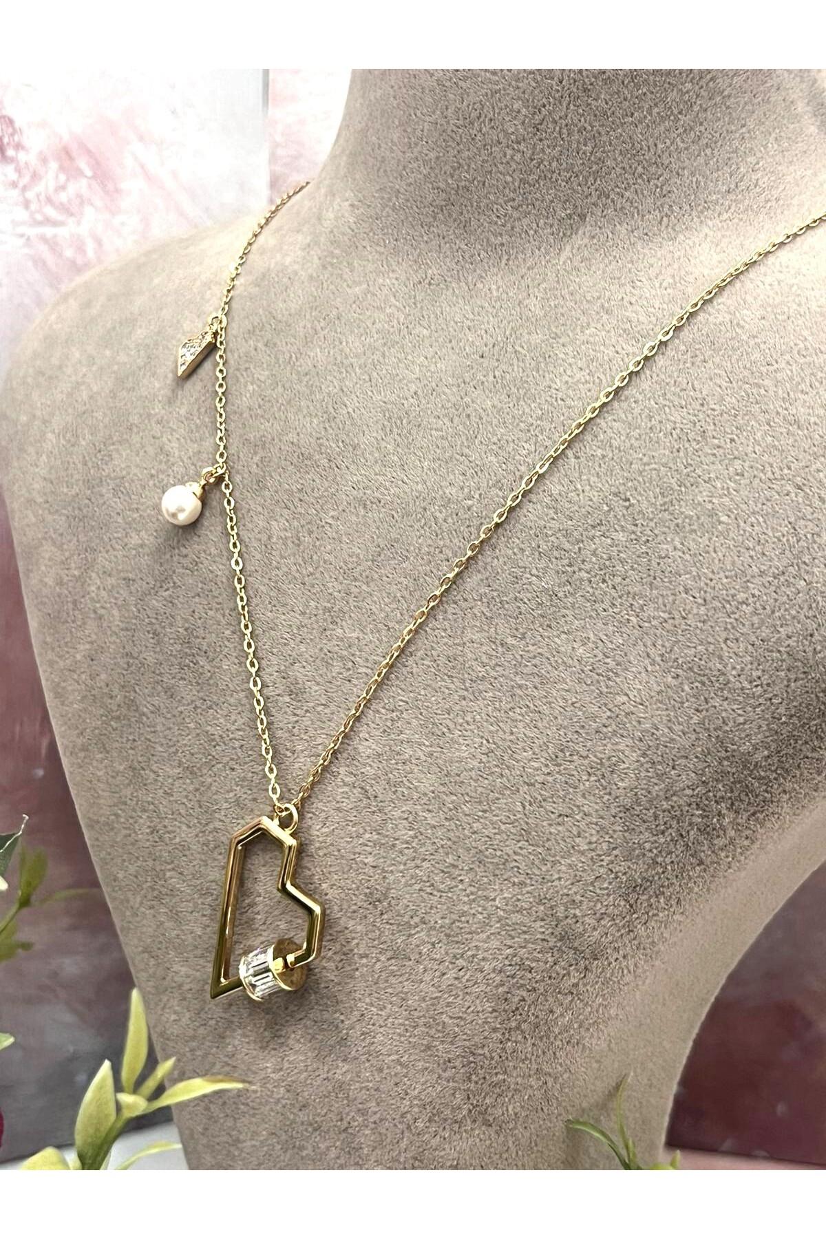 XUPING Heart Trio Mini Zirkon Taşlı Çelik Kolye (18k RoseGold 45/49cm) 3x2,5cm