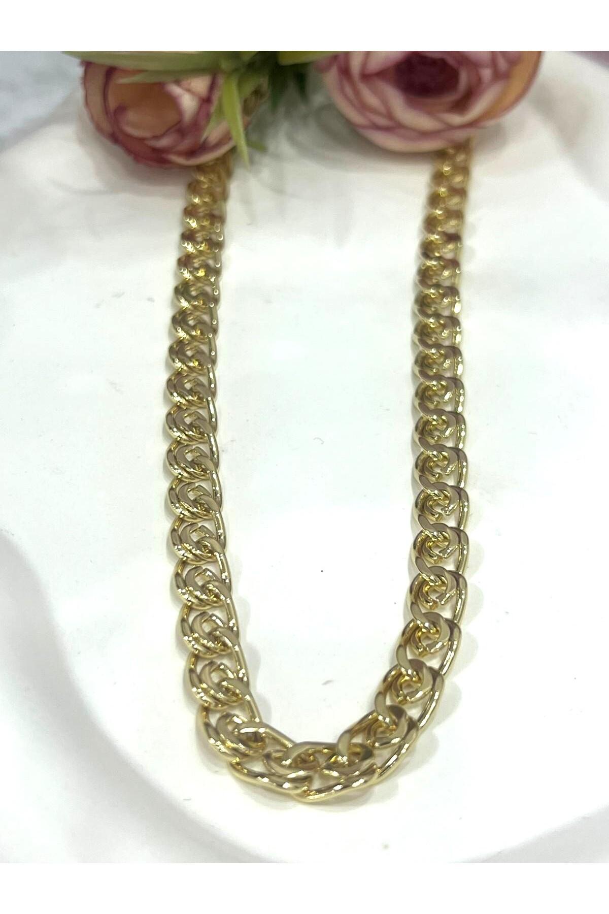 Birbirine Geçme Çok Sayıda Halkadan Oluşan Kalın Zincir Çelik Kolye (14k Gold - 60cm) - Görsel 6