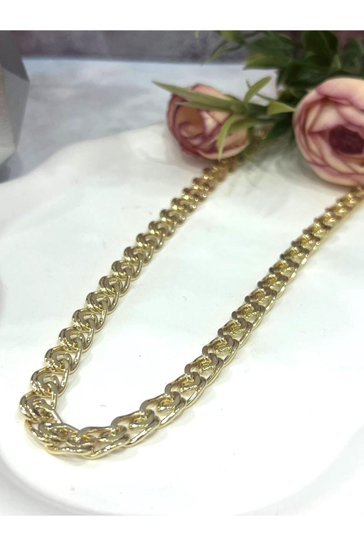 Birbirine Geçme Çok Sayıda Halkadan Oluşan Kalın Zincir Çelik Kolye (14k Gold - 60cm) - Görsel 2