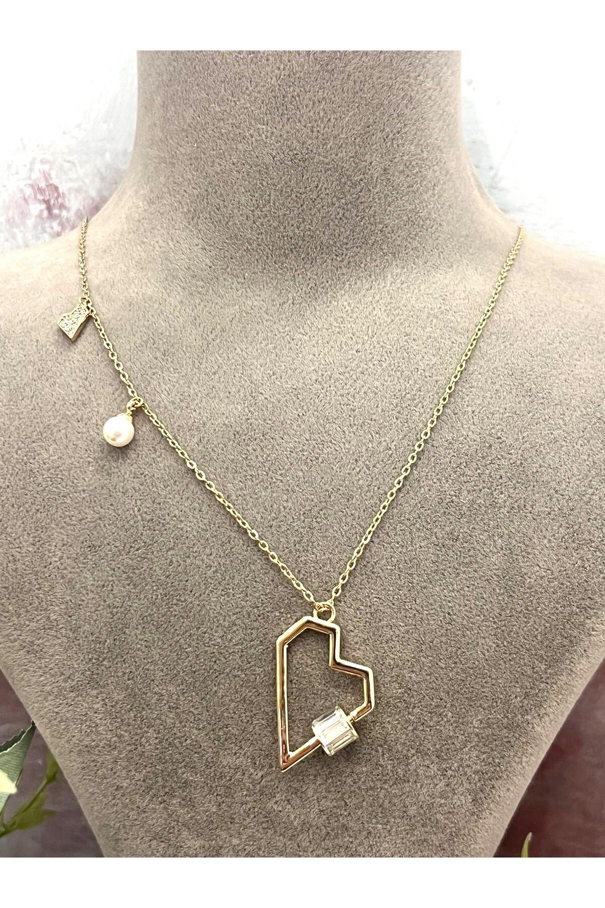 XUPING Heart Trio Mini Zirkon Taşlı Çelik Kolye (18k RoseGold 45/49cm) 3x2,5cm - Görsel 5