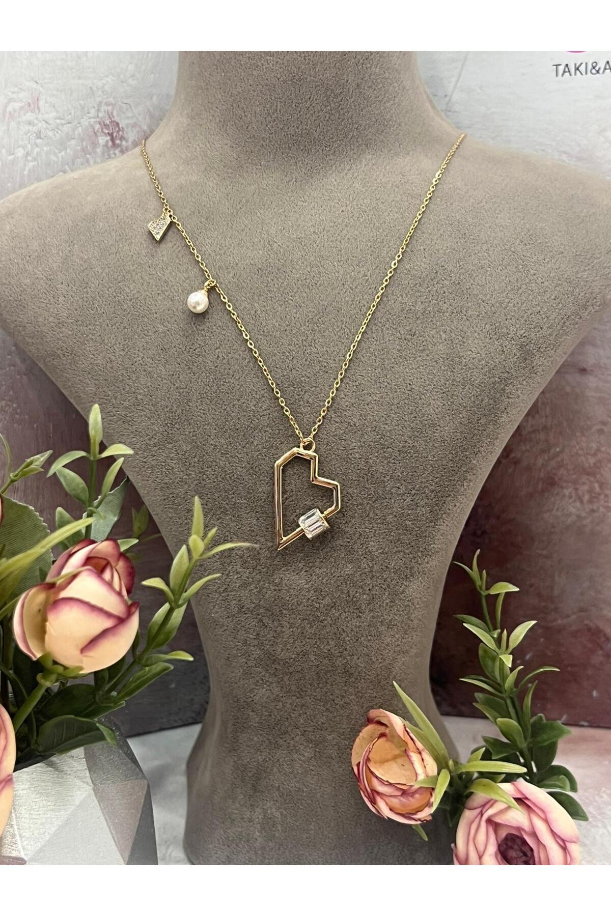 XUPING Heart Trio Mini Zirkon Taşlı Çelik Kolye (18k RoseGold 45/49cm) 3x2,5cm - Görsel 3