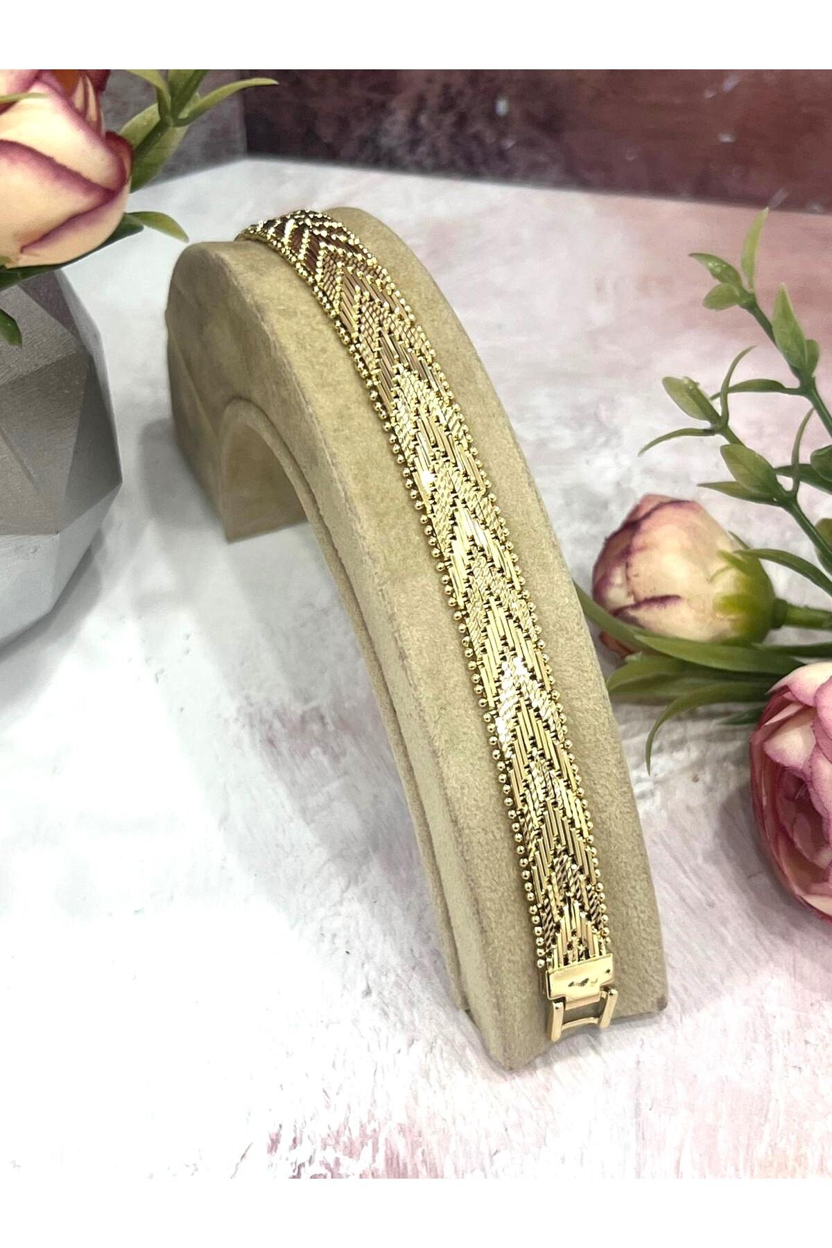 Kaplamalı Hasır Örgü Model Kuyumcu Künye 1cm (14K Gold/18cm) - Görsel 6