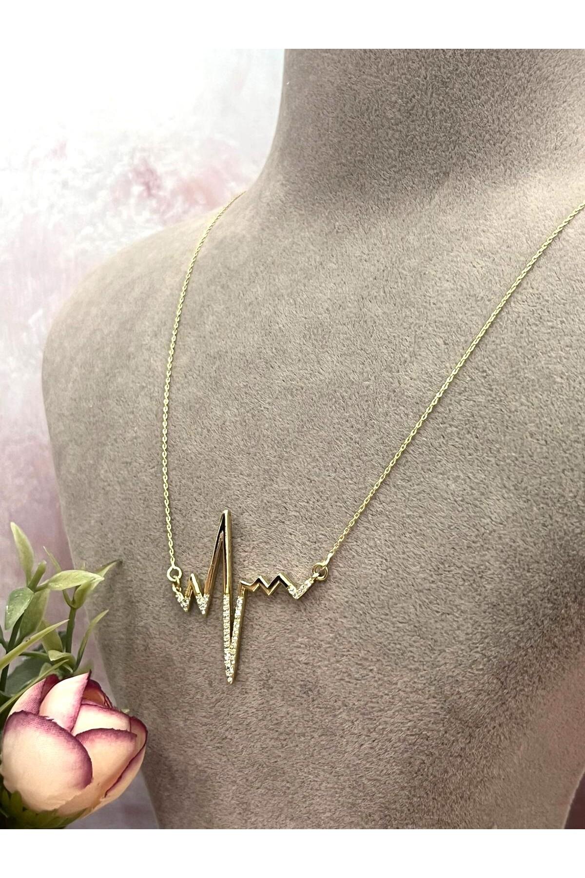 Işıltılı Zirkon Taşlı Gold Nabız Ritmi Tasarım Kolye (14k Gold - 54/59cm)