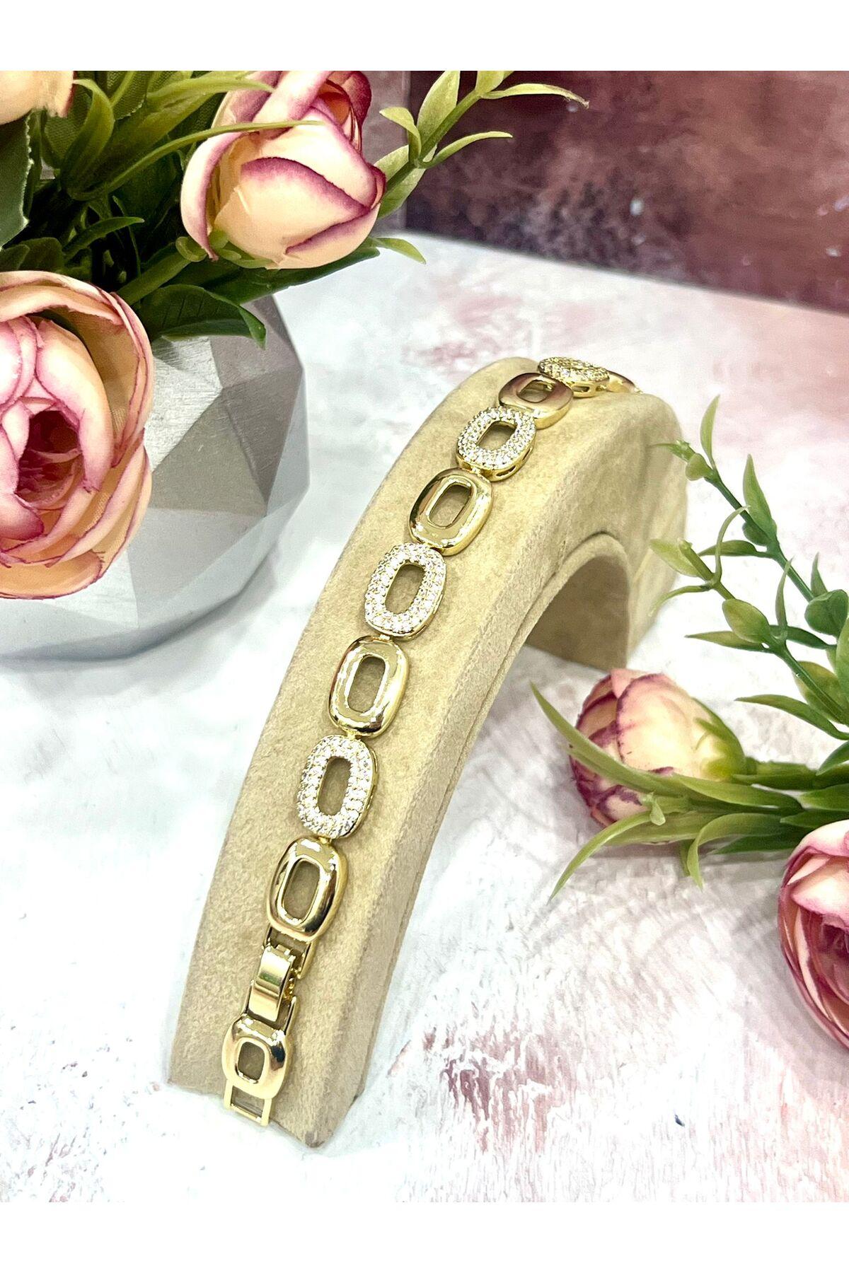 Oval Geçmeli Zirkon Taşlı Modern Kadın Bileklik (Gold14k/17-19cm)