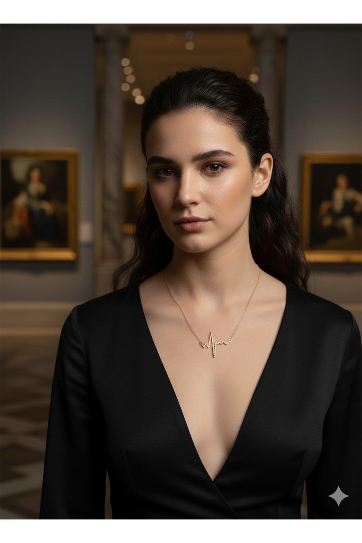 Işıltılı Zirkon Taşlı Gold Nabız Ritmi Tasarım Kolye (14k Gold - 54/59cm) - Görsel 2