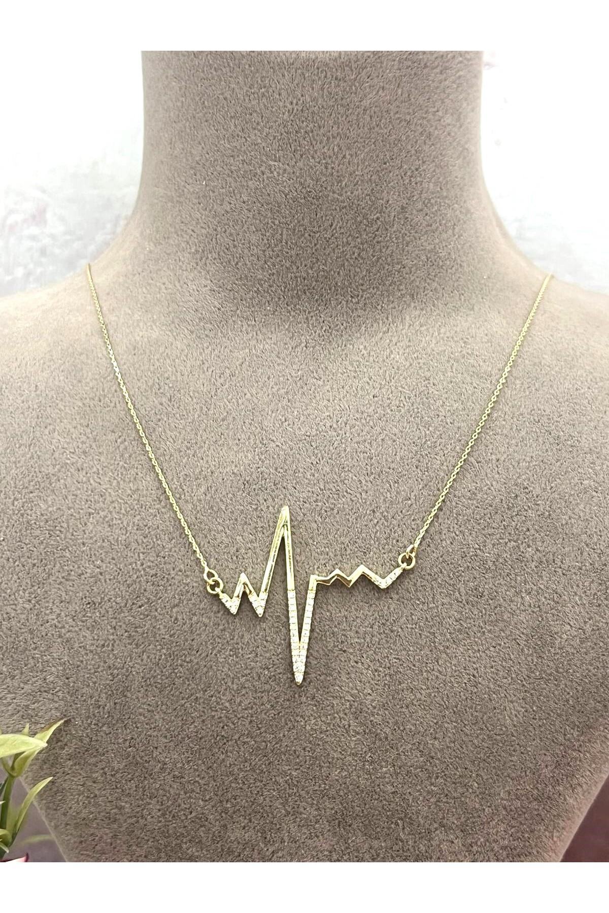 Işıltılı Zirkon Taşlı Gold Nabız Ritmi Tasarım Kolye (14k Gold - 54/59cm) - Görsel 3