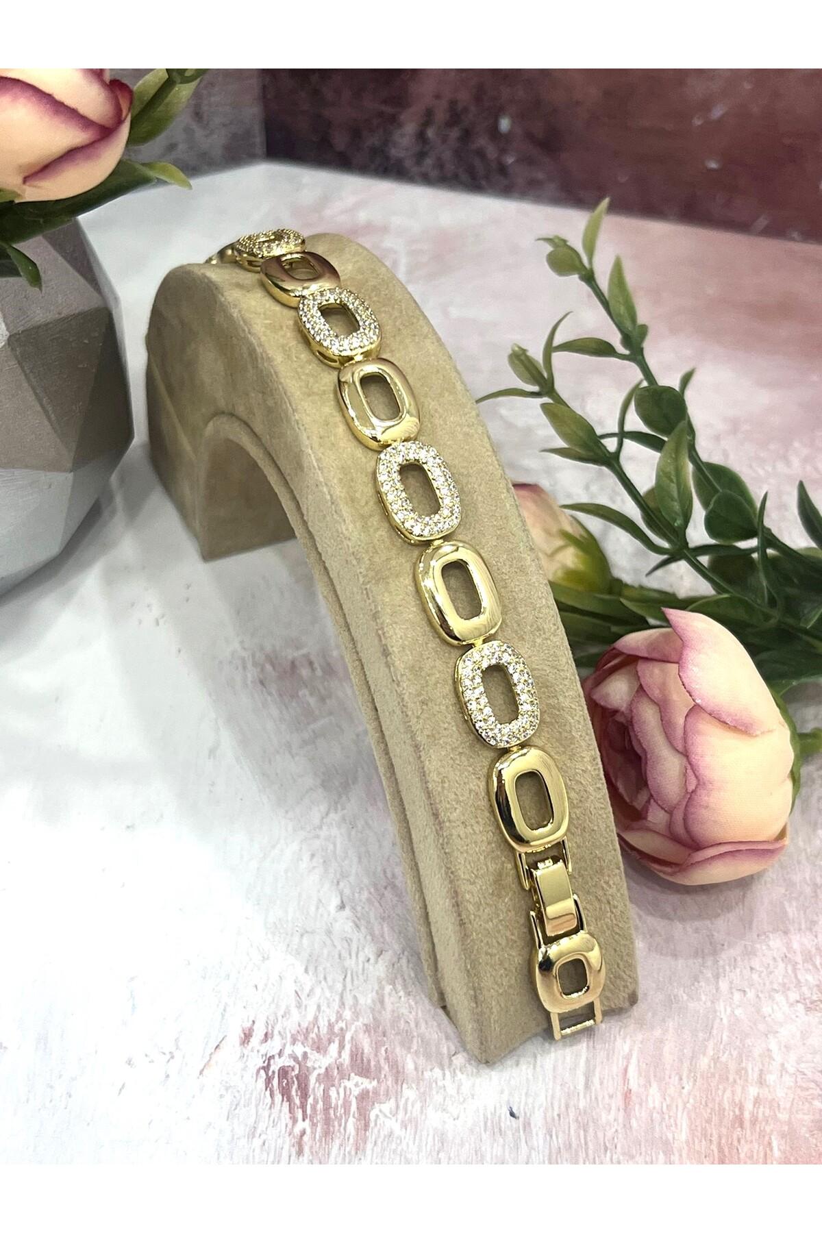 Oval Geçmeli Zirkon Taşlı Modern Kadın Bileklik (Gold14k/17-19cm) - Görsel 3