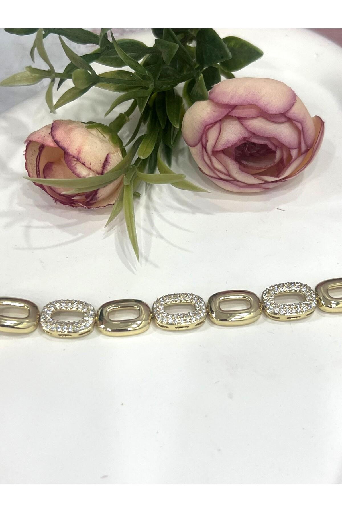 Oval Geçmeli Zirkon Taşlı Modern Kadın Bileklik (Gold14k/17-19cm) - Görsel 4