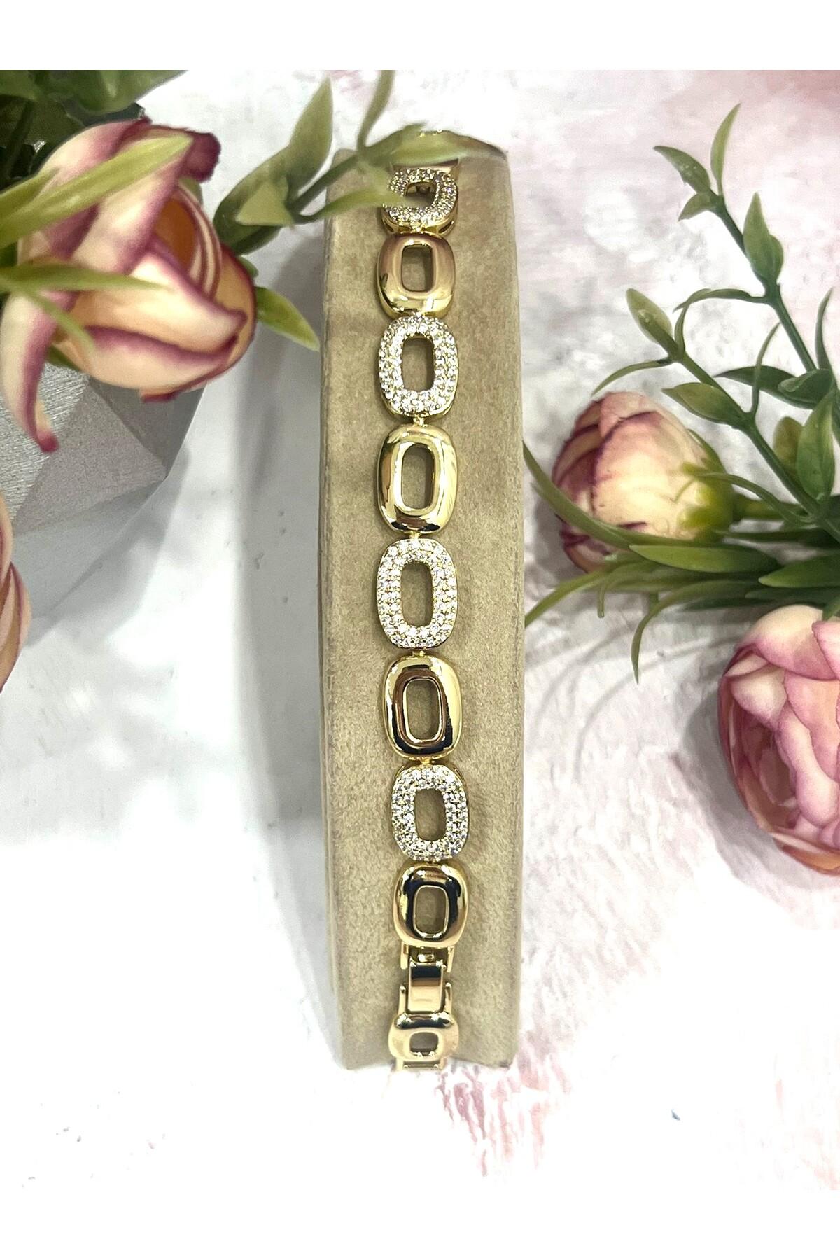 Oval Geçmeli Zirkon Taşlı Modern Kadın Bileklik (Gold14k/17-19cm) - Görsel 2