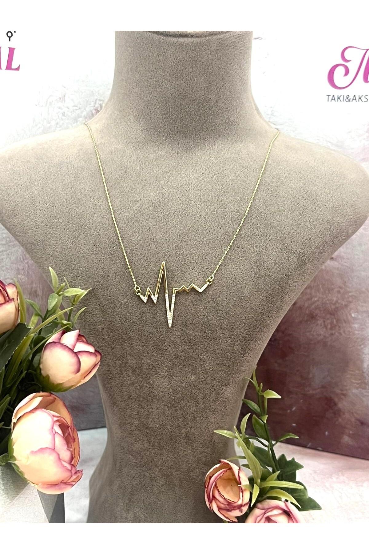 Işıltılı Zirkon Taşlı Gold Nabız Ritmi Tasarım Kolye (14k Gold - 54/59cm) - Görsel 6