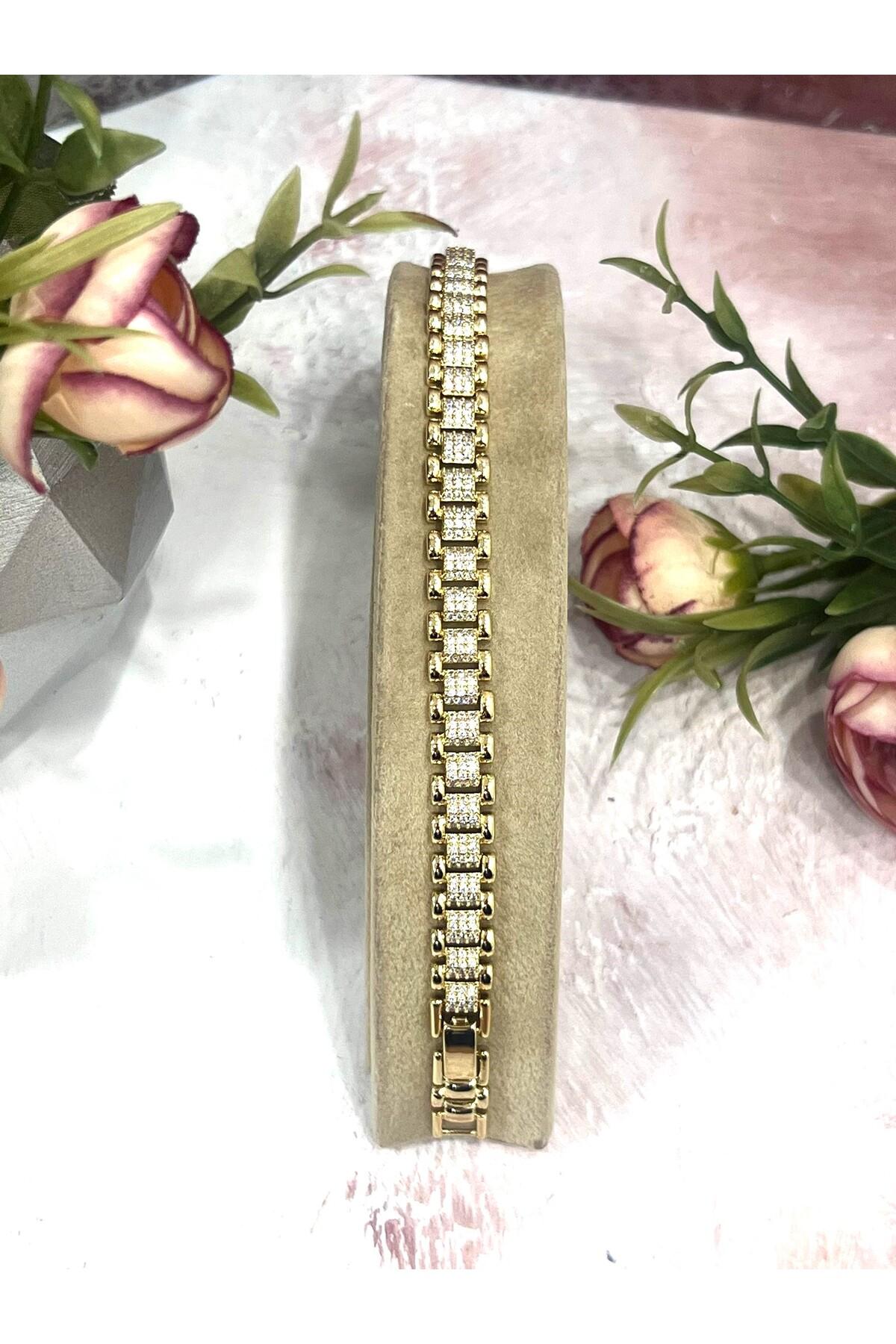 Tamtur Zirkon Taşlı Lüks Saat Kordonu Model Kadın Bileklik (Gold14k/17-19cm) - Görsel 4