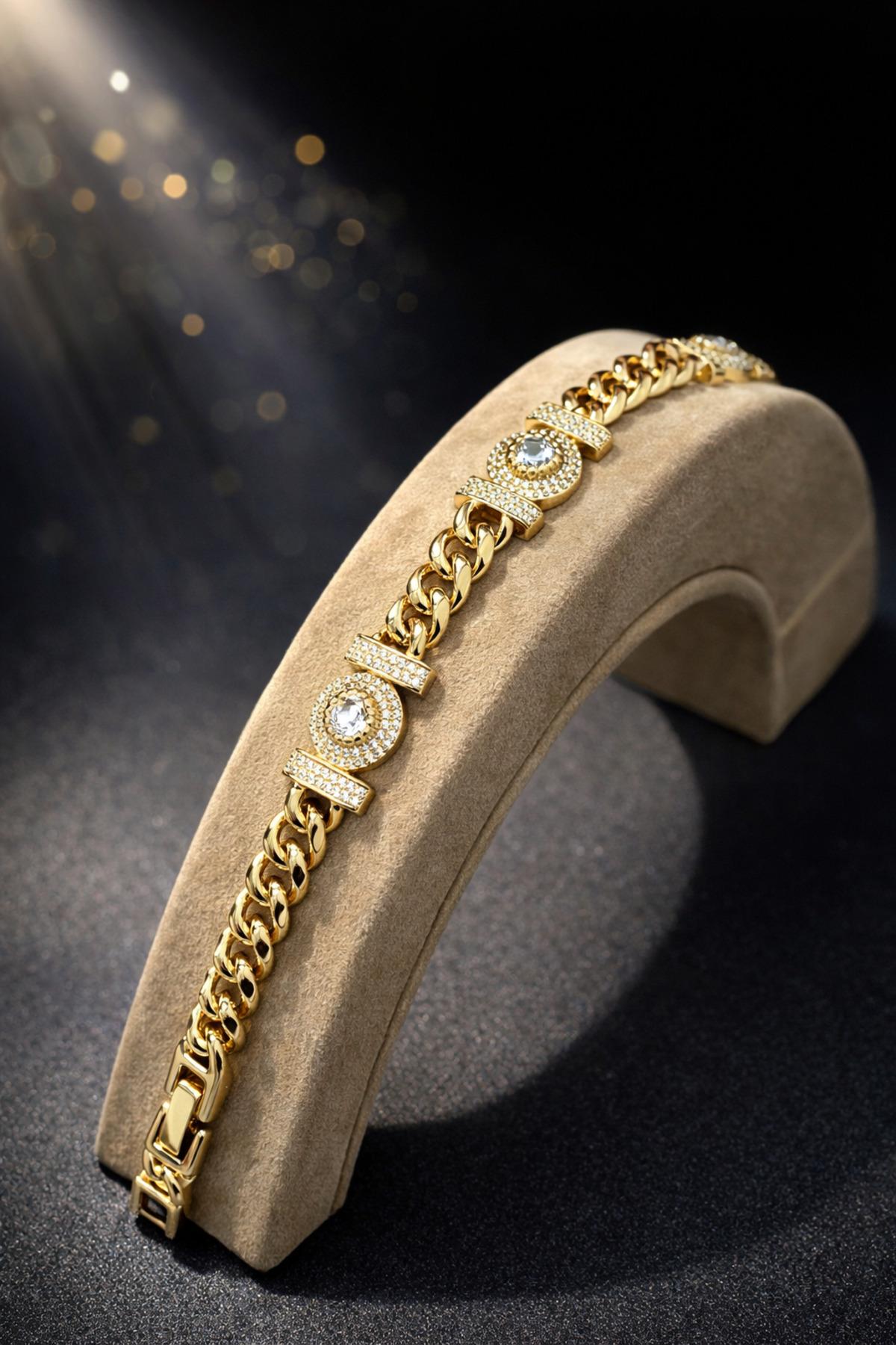 Zirkon Taşlı Gurmet Zincir Baget Detaylı Kadın Bileklik (Gold14k/17-19cm)