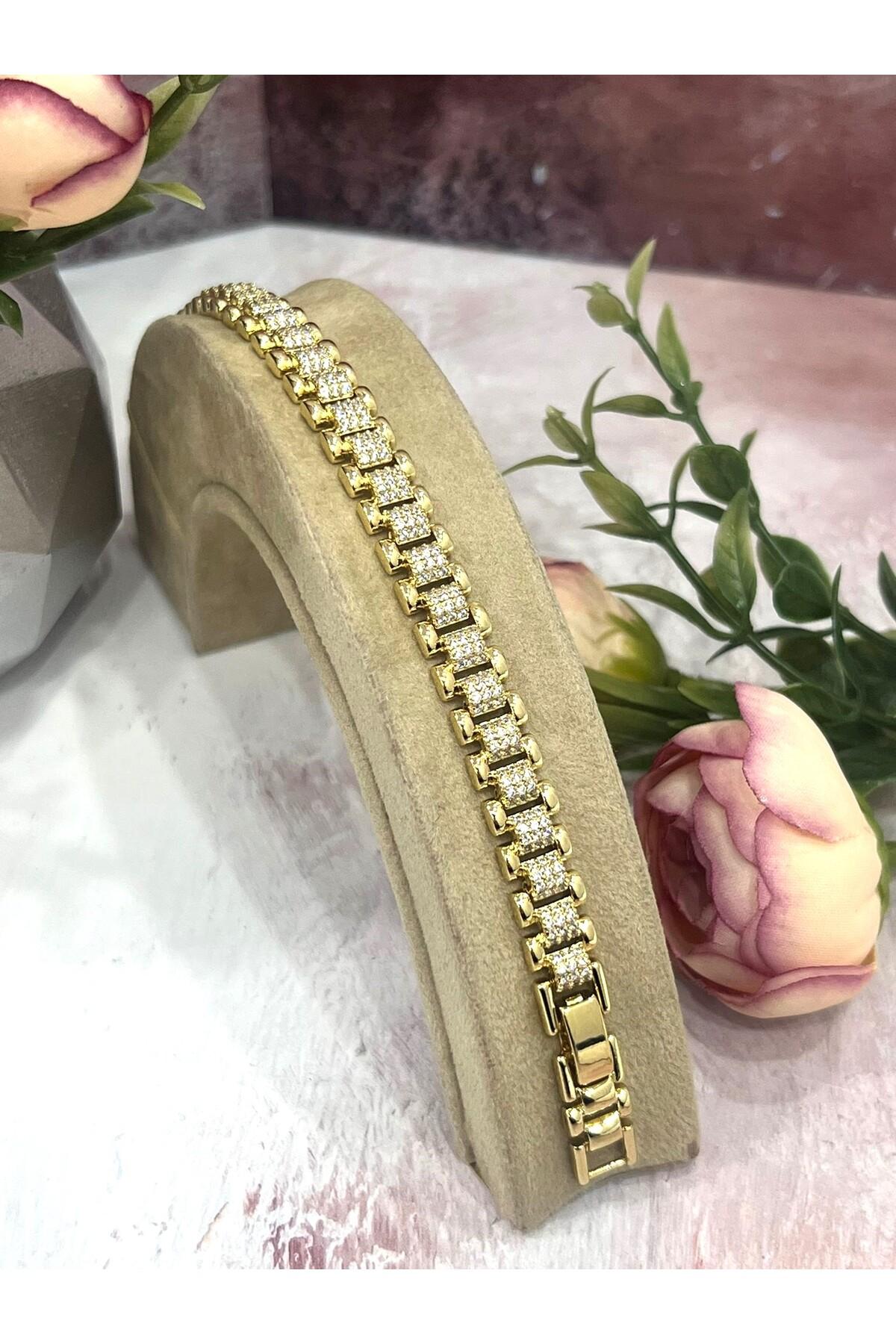 Tamtur Zirkon Taşlı Lüks Saat Kordonu Model Kadın Bileklik (Gold14k/17-19cm)