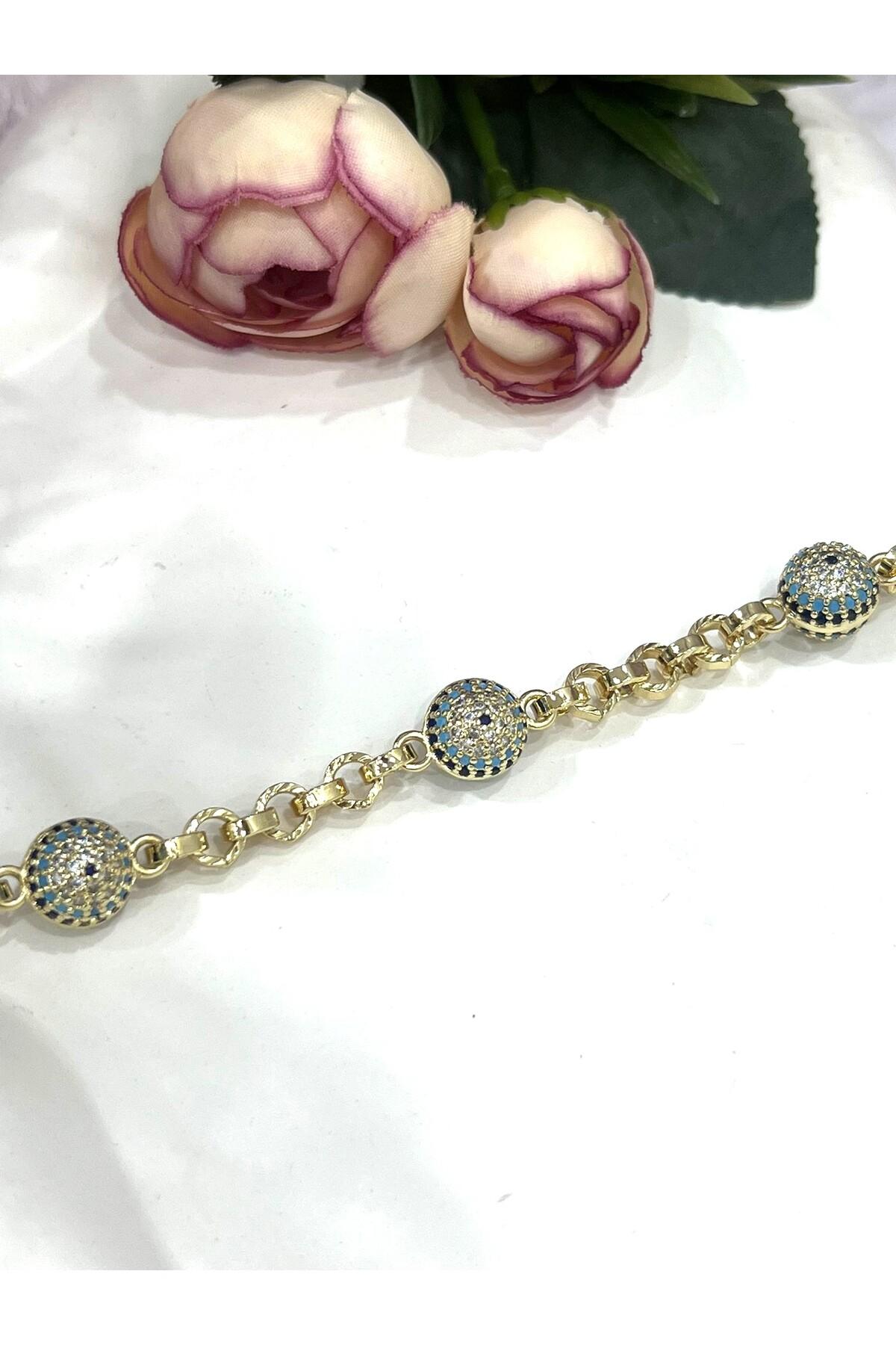 Kadın Gold Çelik Nazar Göz Figürlü Zirkon Taşlı Lüks Bileklik (Gold14k/19-22cm) - Görsel 4