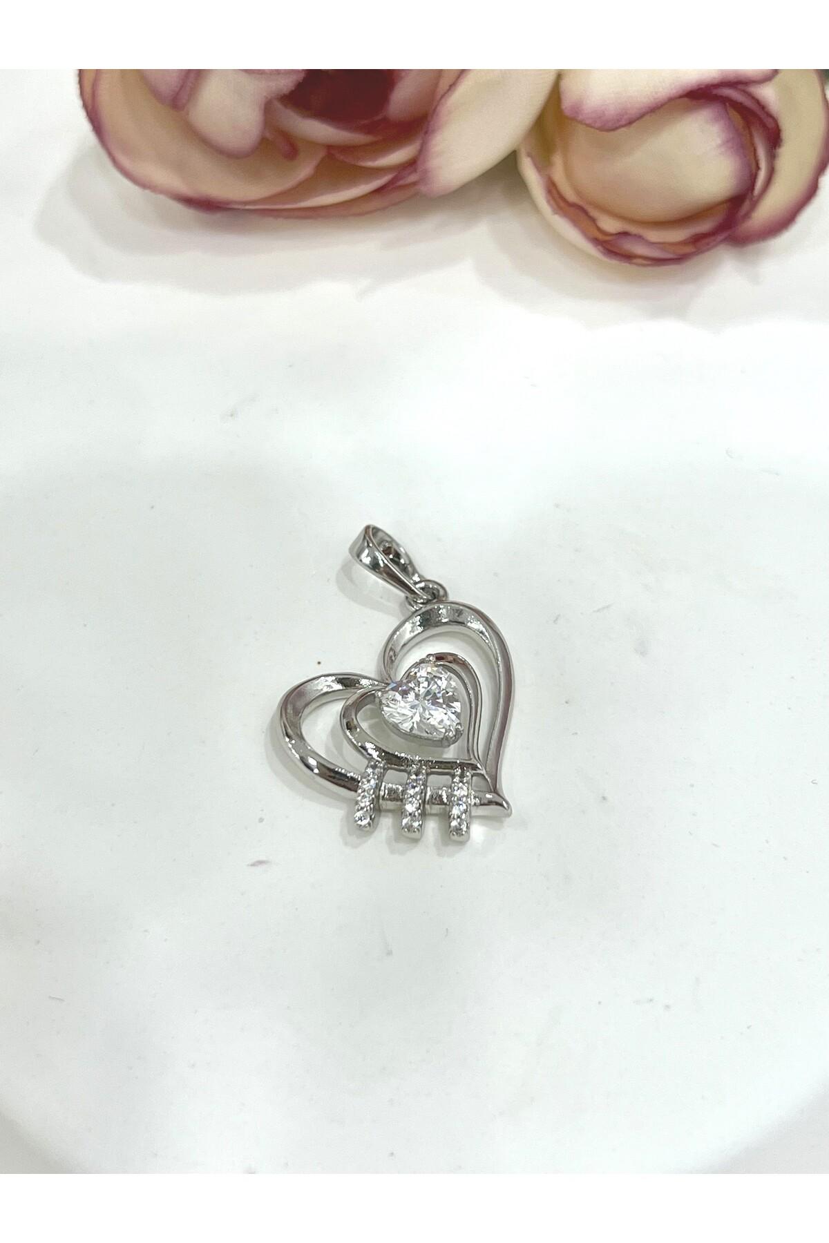 Kalpli Tek Taş Kolye Ucu (Gümüş Renk 2X2CM) - Görsel 3