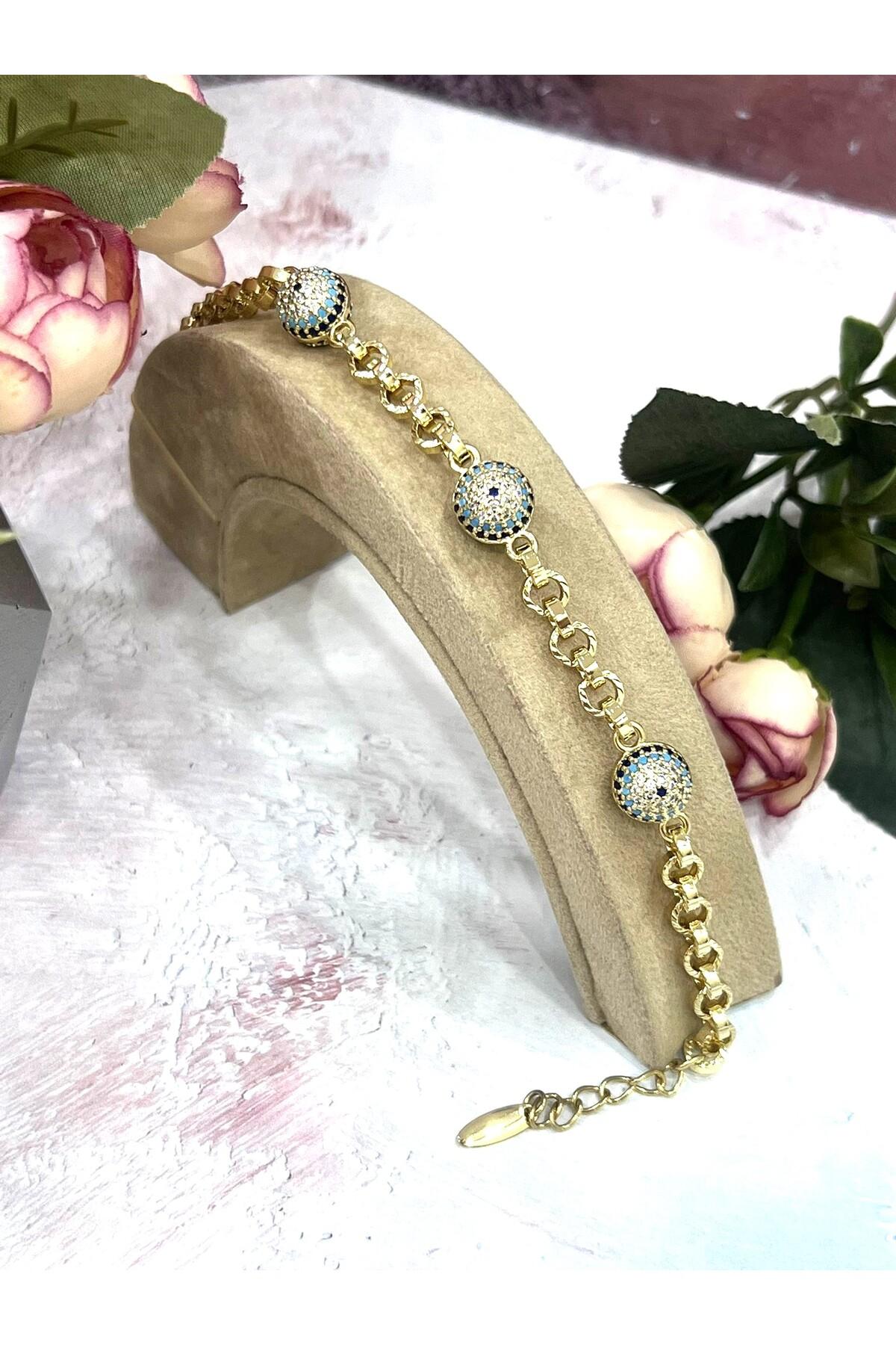 Kadın Gold Çelik Nazar Göz Figürlü Zirkon Taşlı Lüks Bileklik (Gold14k/19-22cm) - Görsel 5