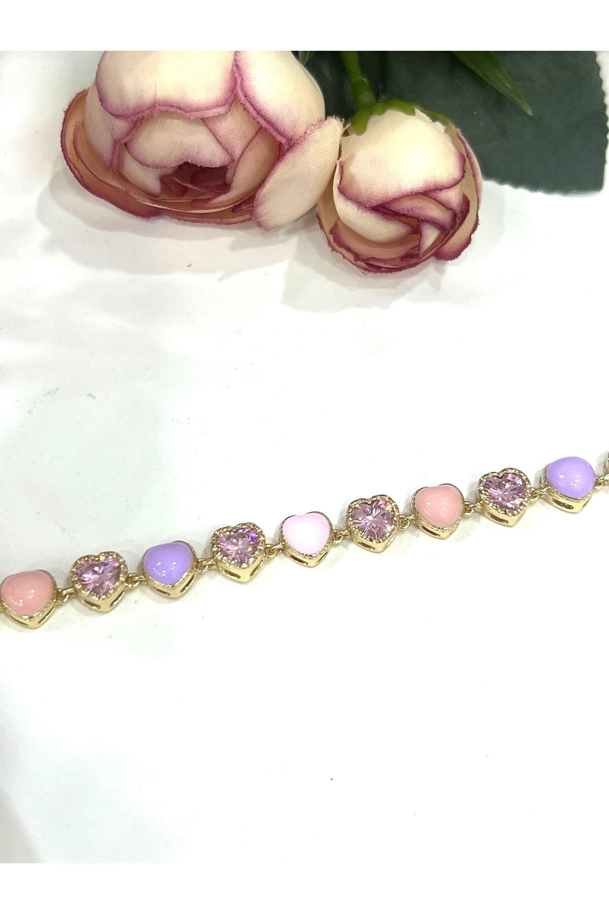 Pembe Kristal Kalp Figürlü Kadın Çelik Bileklik (Gold14k/19-22cm) - Görsel 3