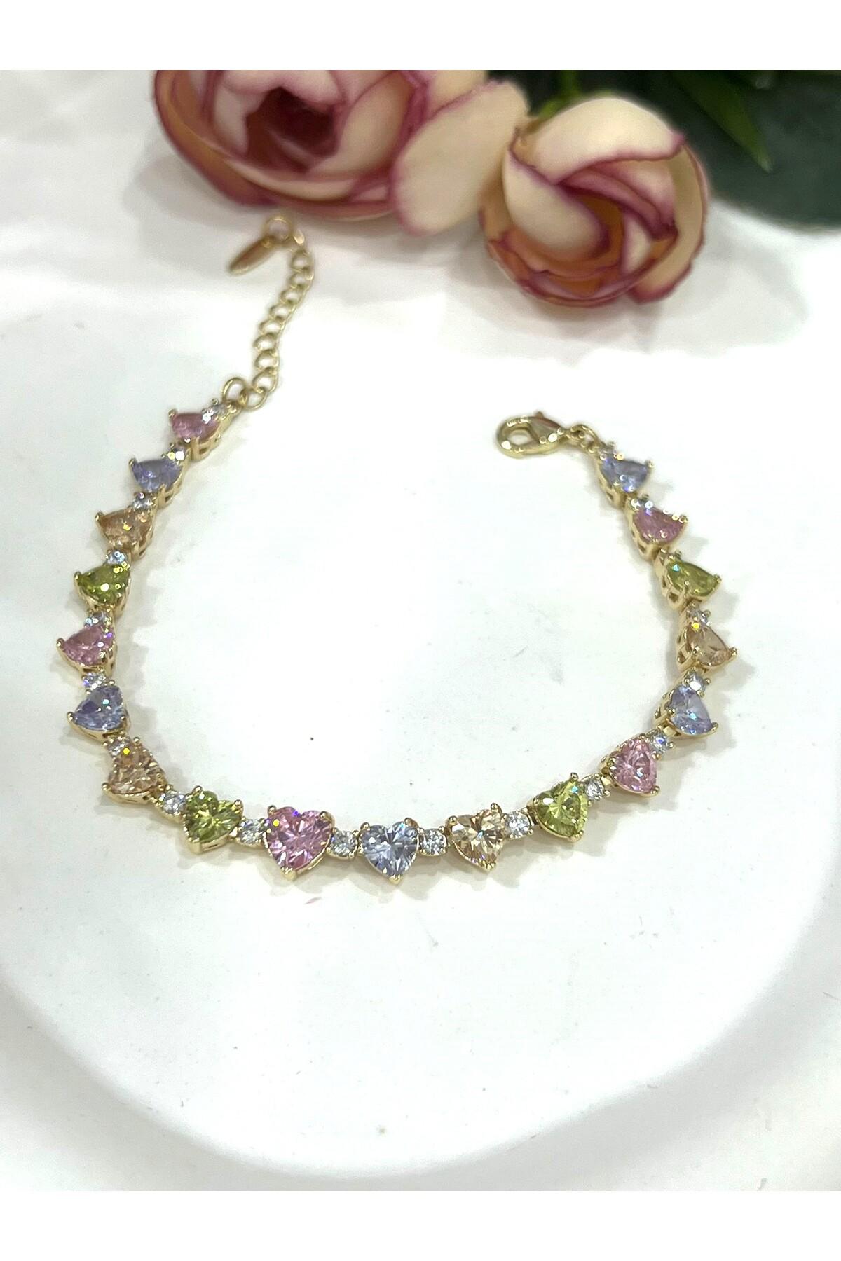 Lüks Gold Çelik Çok Renkli Kristal Taşlı Kalp Zincir Bileklik (Gold14k/16-19m) - Görsel 2