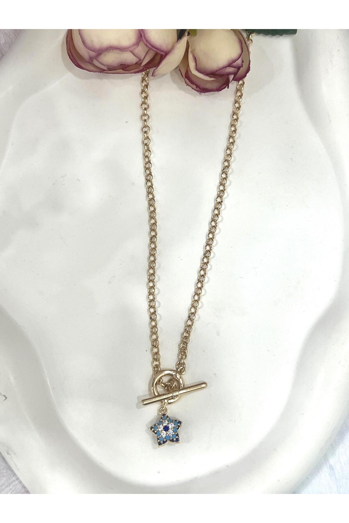 T Bar Kilitli Yıldız Detaylı Nazar Boncuklu Kadın Kolye (18k RoseGold - 45cm) - Görsel 4