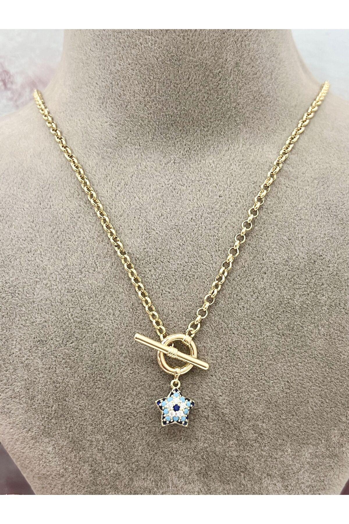 T Bar Kilitli Yıldız Detaylı Nazar Boncuklu Kadın Kolye (18k RoseGold - 45cm) - Görsel 2