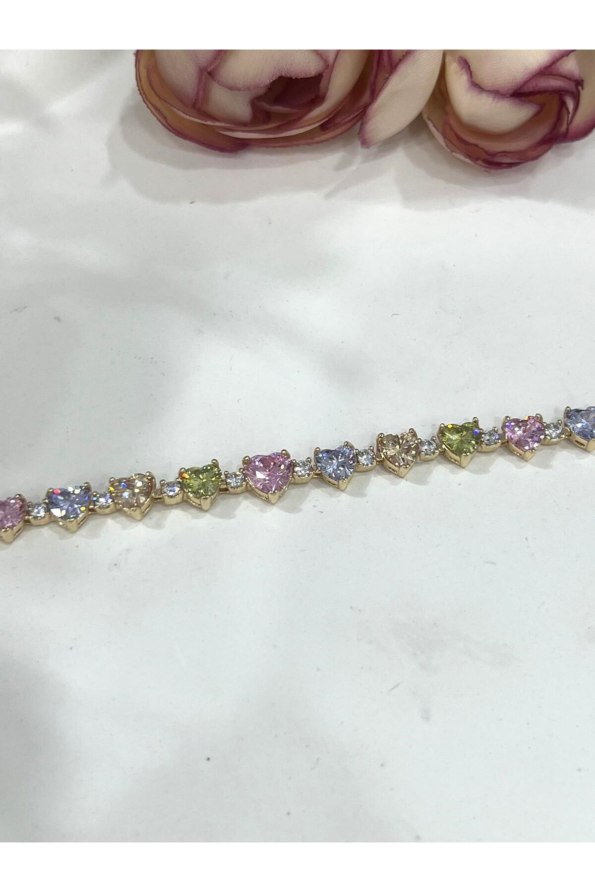 Lüks Gold Çelik Çok Renkli Kristal Taşlı Kalp Zincir Bileklik (Gold14k/16-19m) - Görsel 5