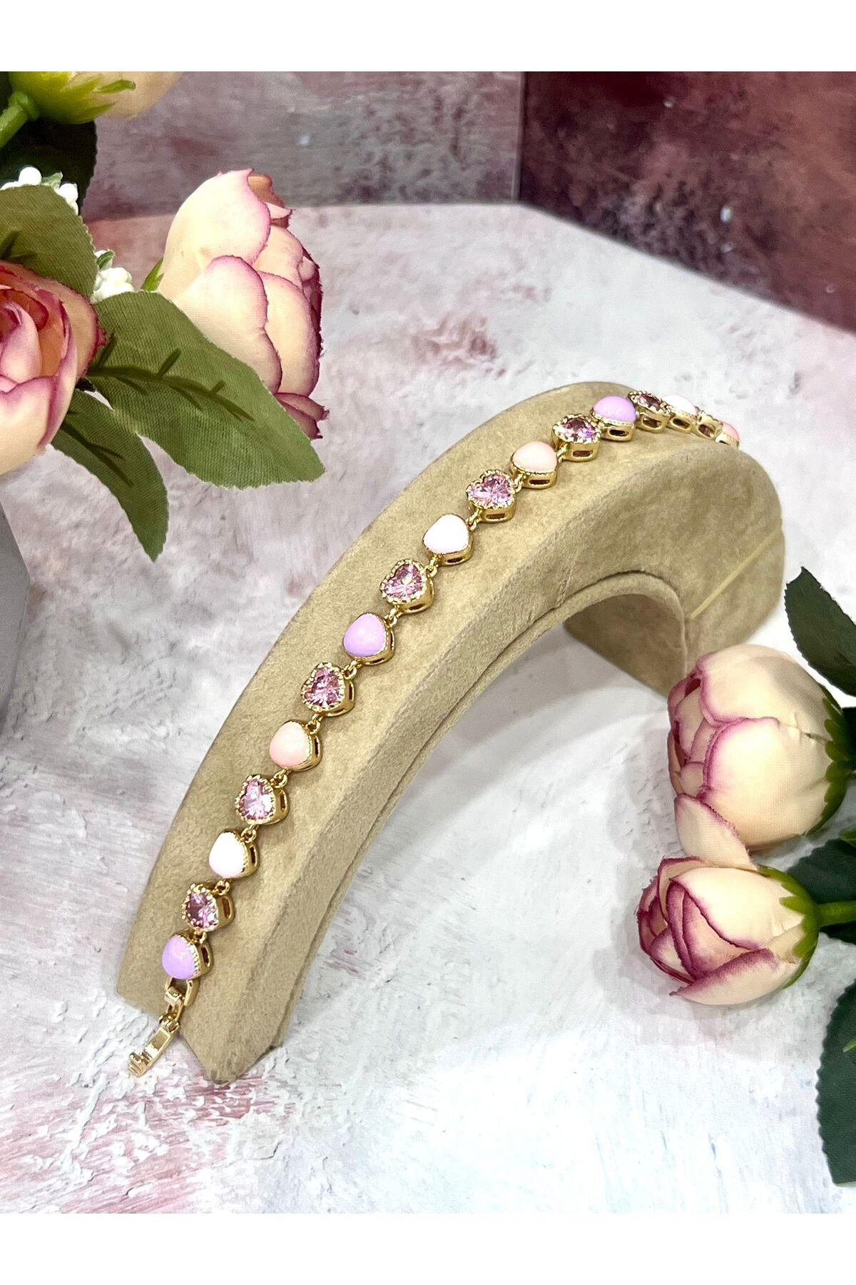 Pembe Kristal Kalp Figürlü Kadın Çelik Bileklik (Gold14k/19-22cm)