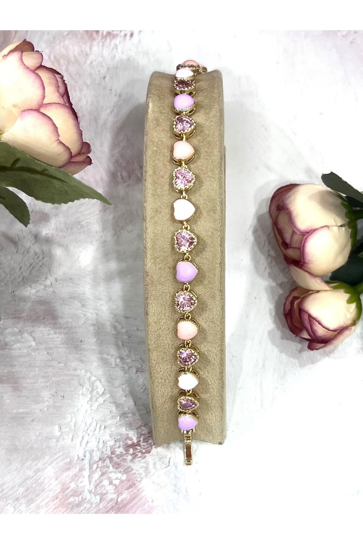 Pembe Kristal Kalp Figürlü Kadın Çelik Bileklik (Gold14k/19-22cm) - Görsel 4