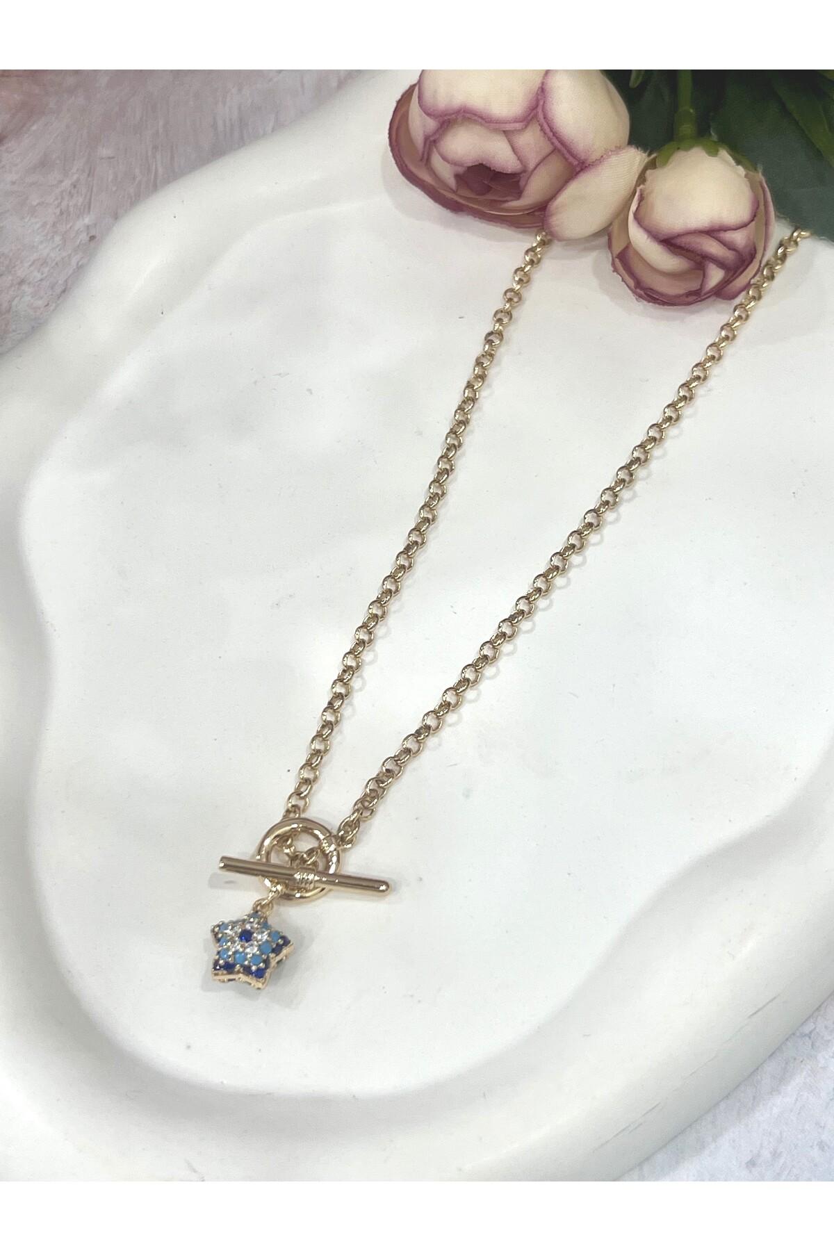 T Bar Kilitli Yıldız Detaylı Nazar Boncuklu Kadın Kolye (18k RoseGold - 45cm) - Görsel 5