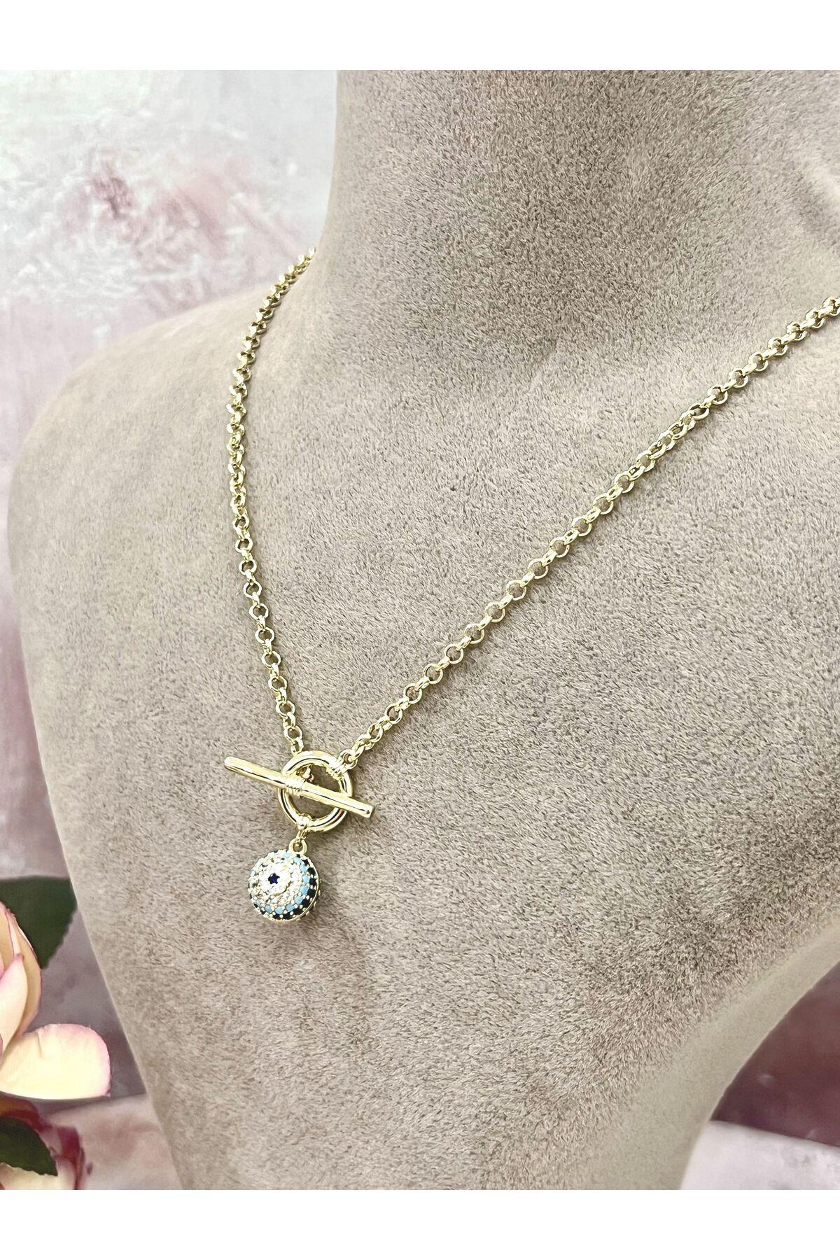 Minimal Yuvarlak Nazar Figürlü Gold Renk Kadın Kolye (14k Gold - 45cm)