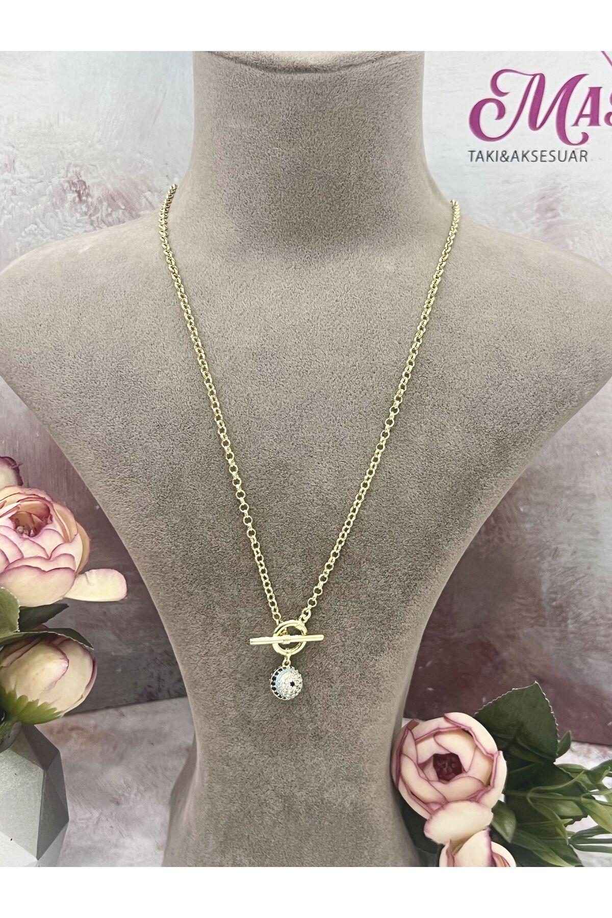 Minimal Yuvarlak Nazar Figürlü Gold Renk Kadın Kolye (14k Gold - 45cm) - Görsel 5