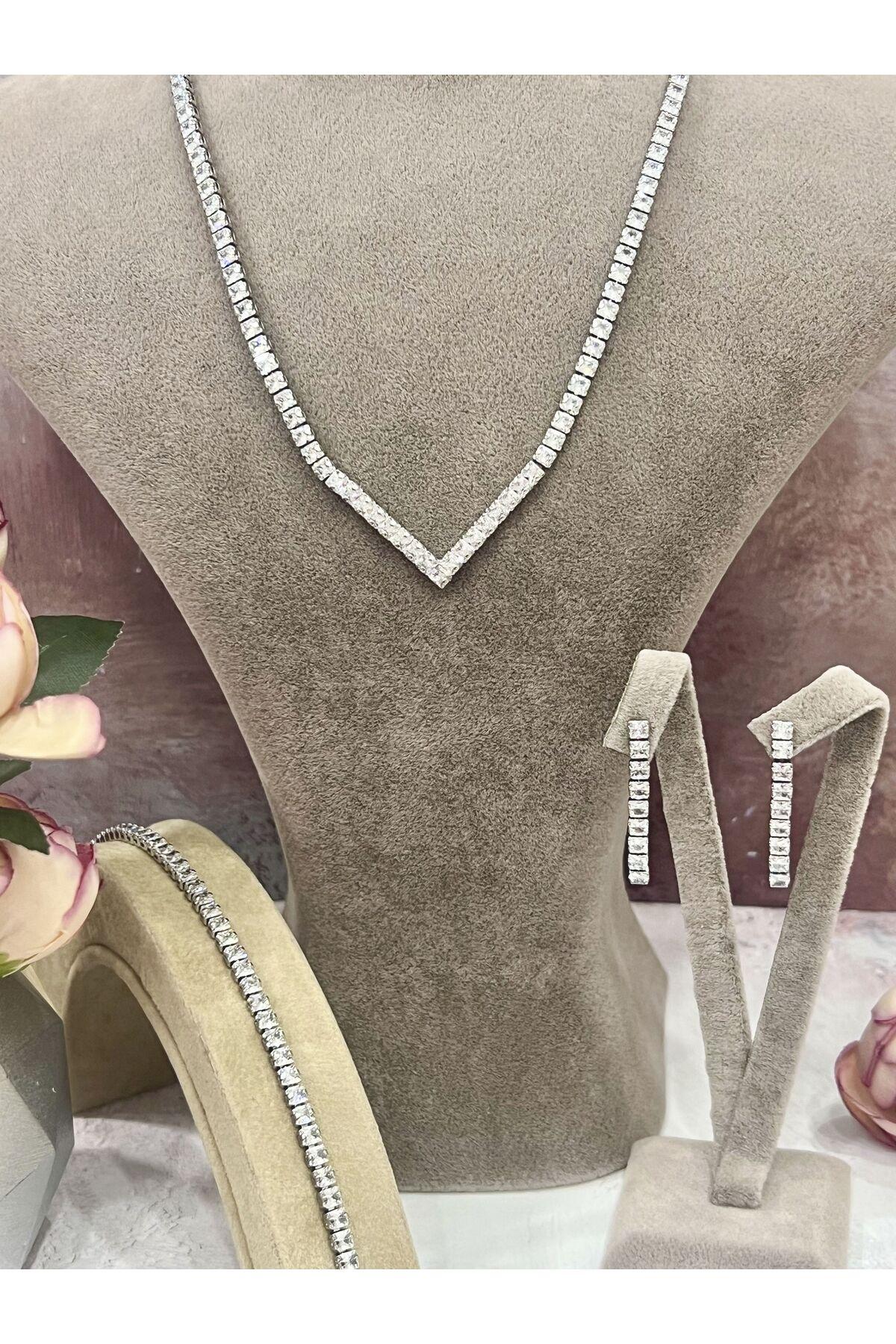 Zirkon Taşlı Çelik Silver Model Set (Set2) - Görsel 3