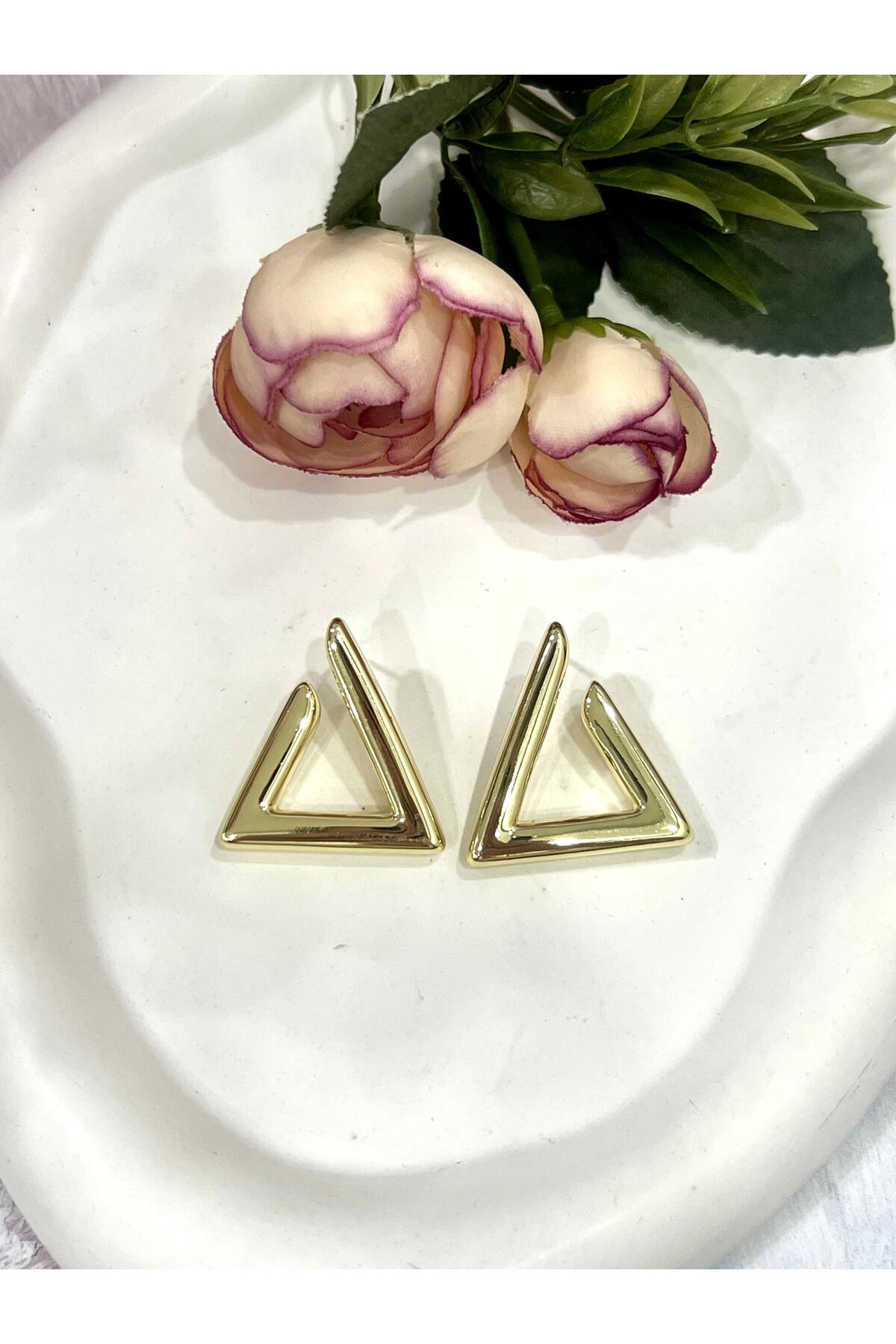 Trend Model Üçgen Çerçeve Altın Kaplama Küpe (14K GOLD/3X3CM) - Görsel 4