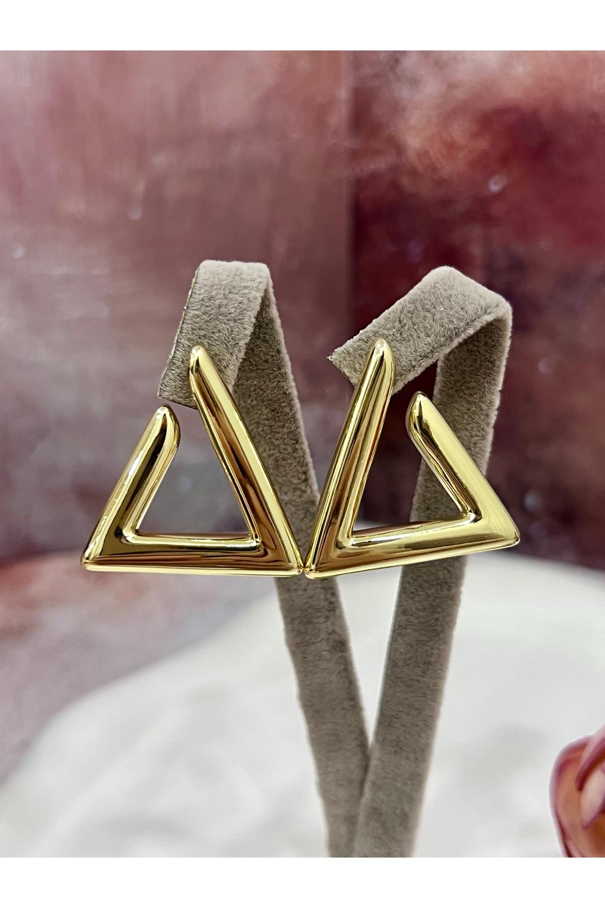 Trend Model Üçgen Çerçeve Altın Kaplama Küpe (14K GOLD/3X3CM) - Görsel 5